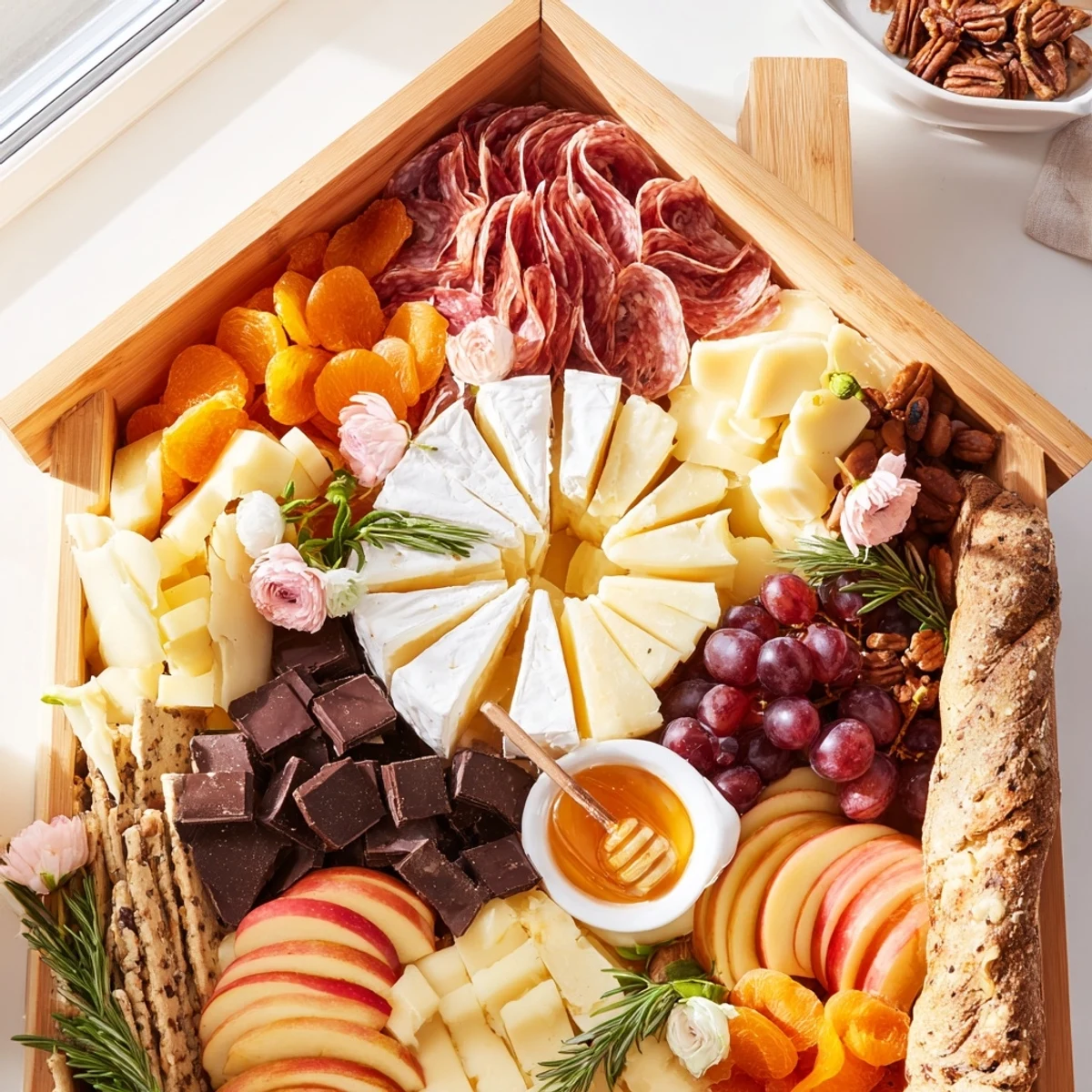 Imagine a vibrant Sweet Home Charcuterie Board, arranged for effortless entertaining with delectable treats.