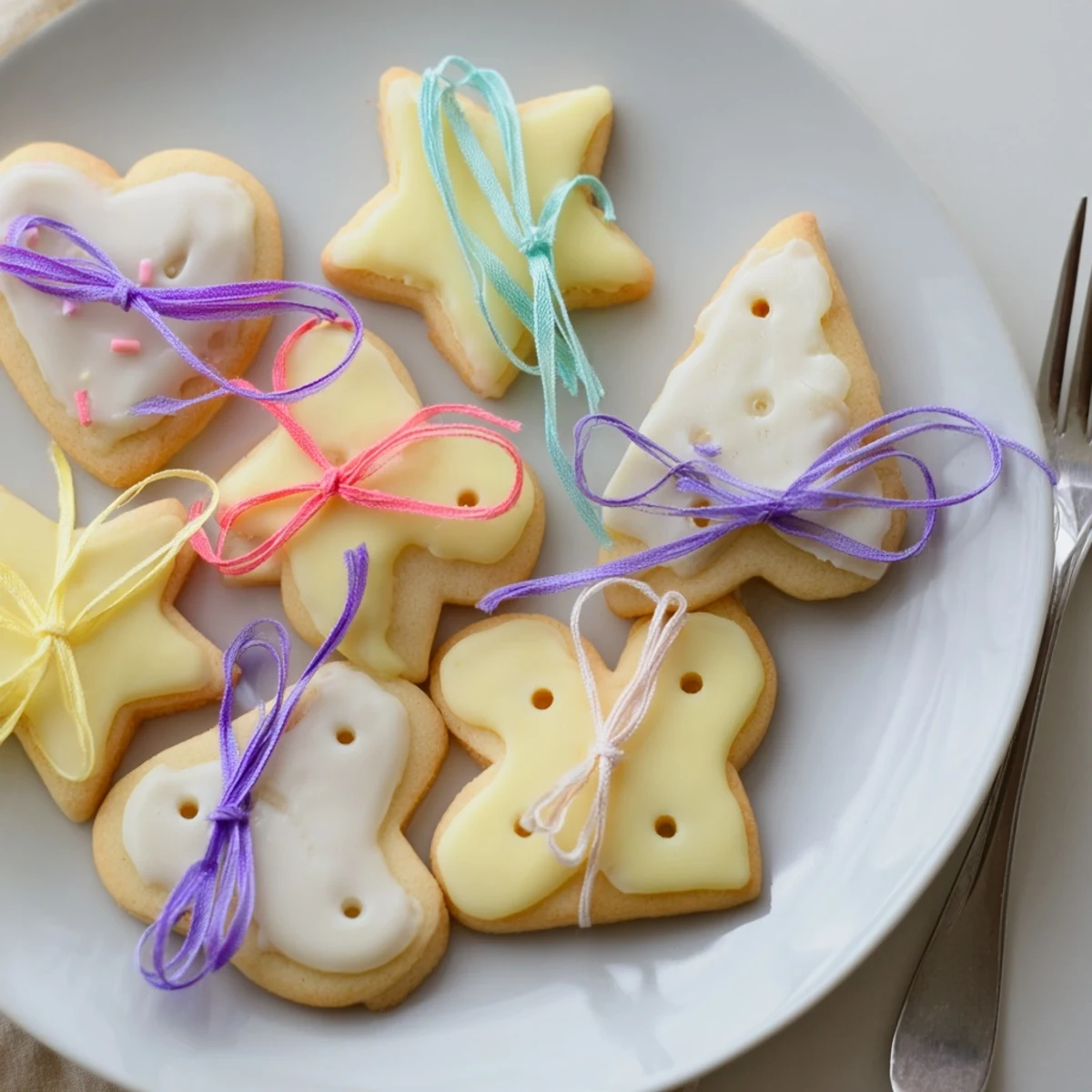 Adorable Mignonneries Coeurs et Étoiles Rubans cookies, heart and star shapes, iced and tied with festive ribbons.
