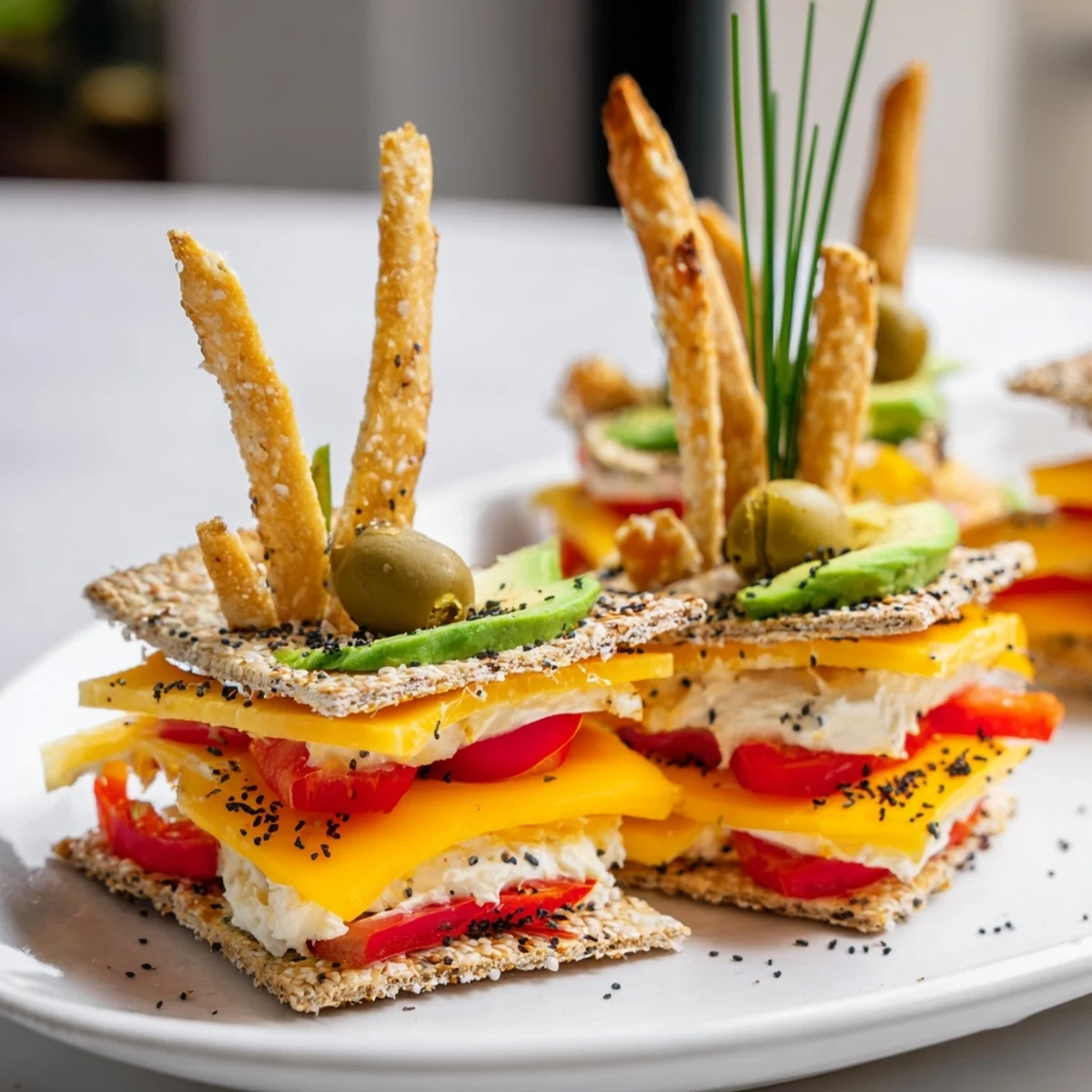 Urban Skyscraper Appetizers: A vibrant platter of stacked savory bites and colorful vegetable "buildings."