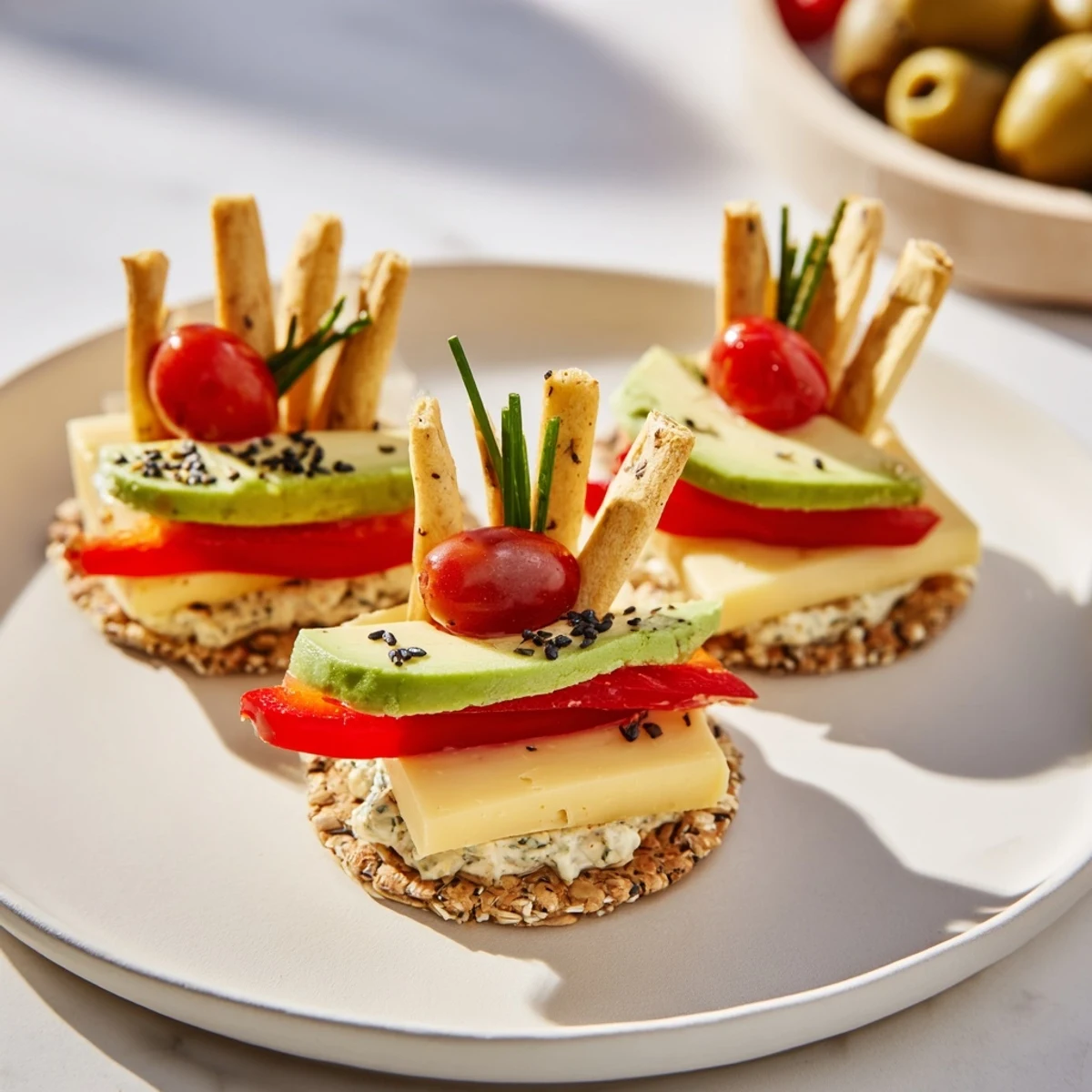 These stunning Urban Skyscraper Appetizers feature layers of cheese, veggies, and crackers, drizzled with oil.