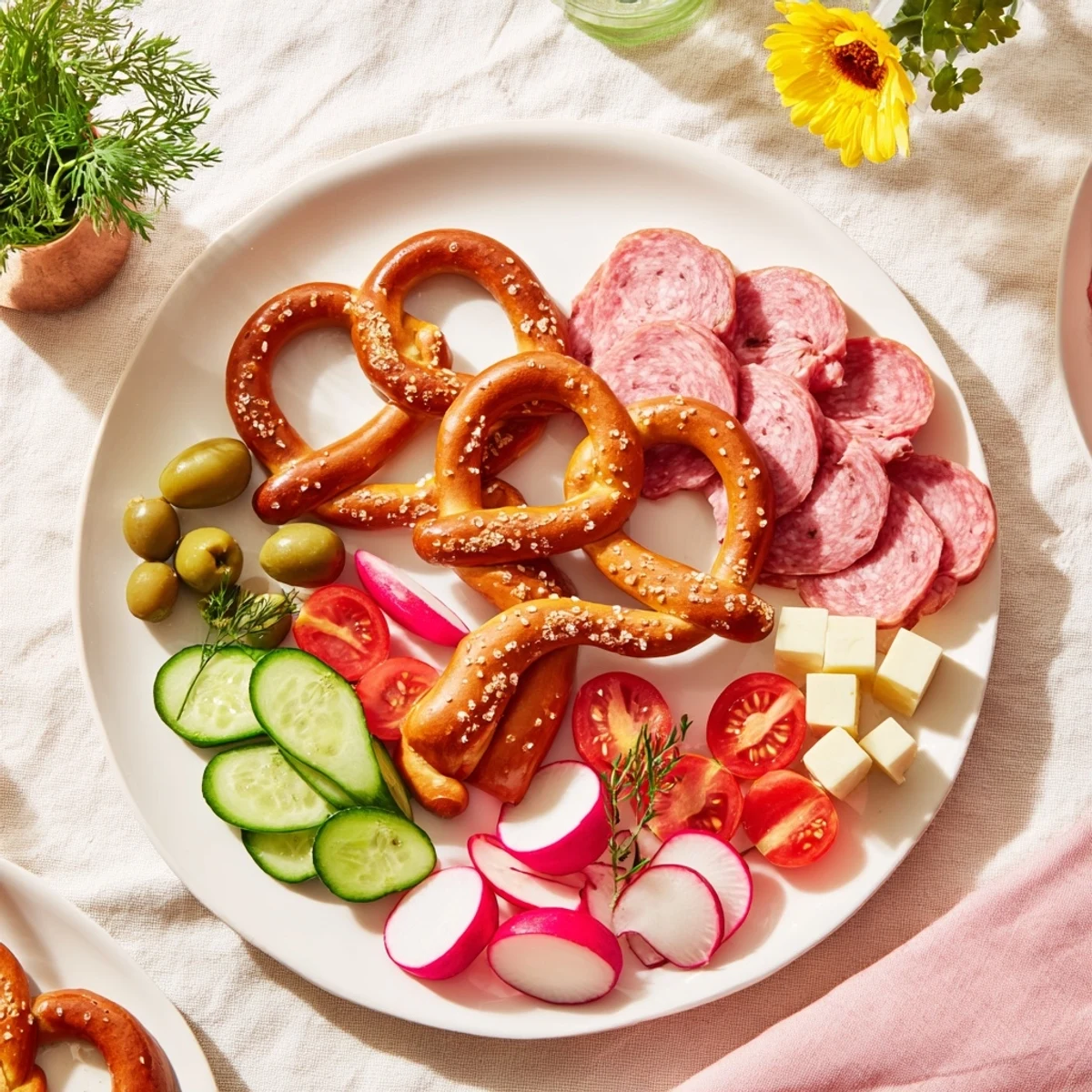 Warm, golden Bretzel Arbre de Vie platter, showcasing soft pretzel branches with savory toppings and dips.