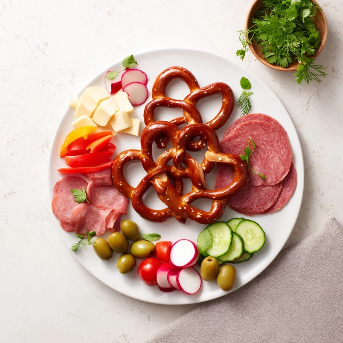 A visually stunning Bretzel Arbre de Vie appetizer arrangement with pretzels and colorful, fresh savory bites.