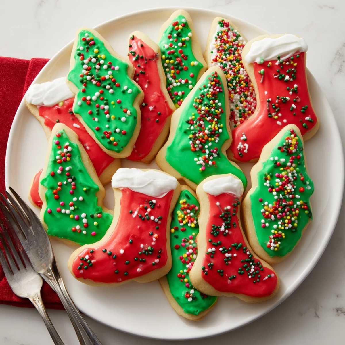 Buttery, golden Christmas Boot-Shaped Delights, generously decorated with icing and sprinkles for Christmas joy.