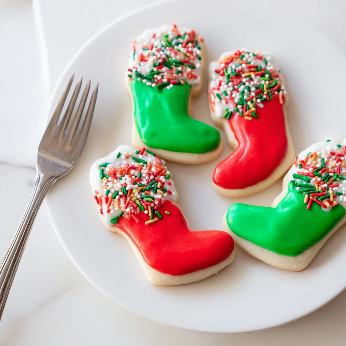 Festive Christmas Boot-Shaped Delights, iced with vibrant colors, ready to brighten your holiday dessert table.