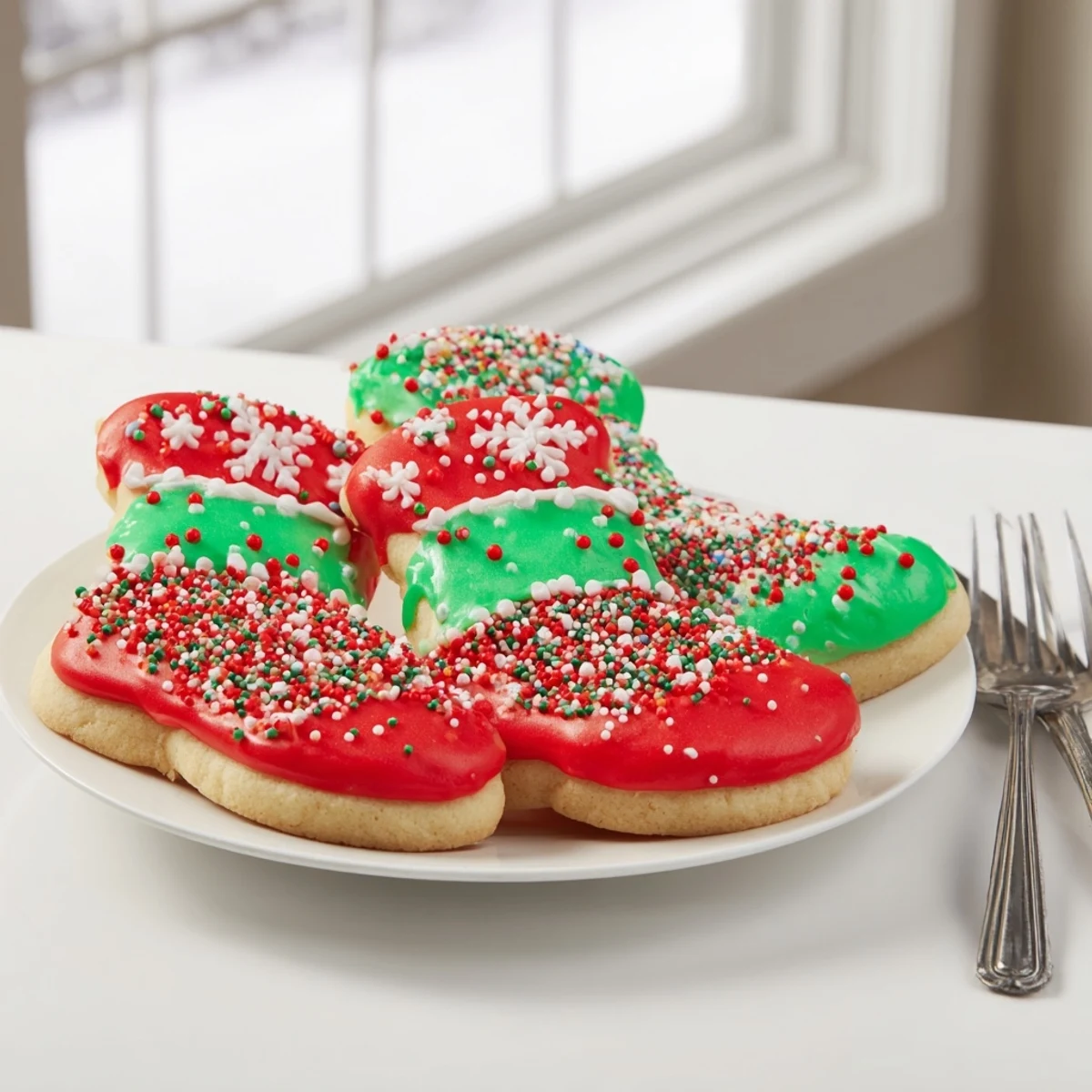 Brightly colored Christmas Boot-Shaped Delights with icing, offering a sweet, whimsical treat for the holidays.