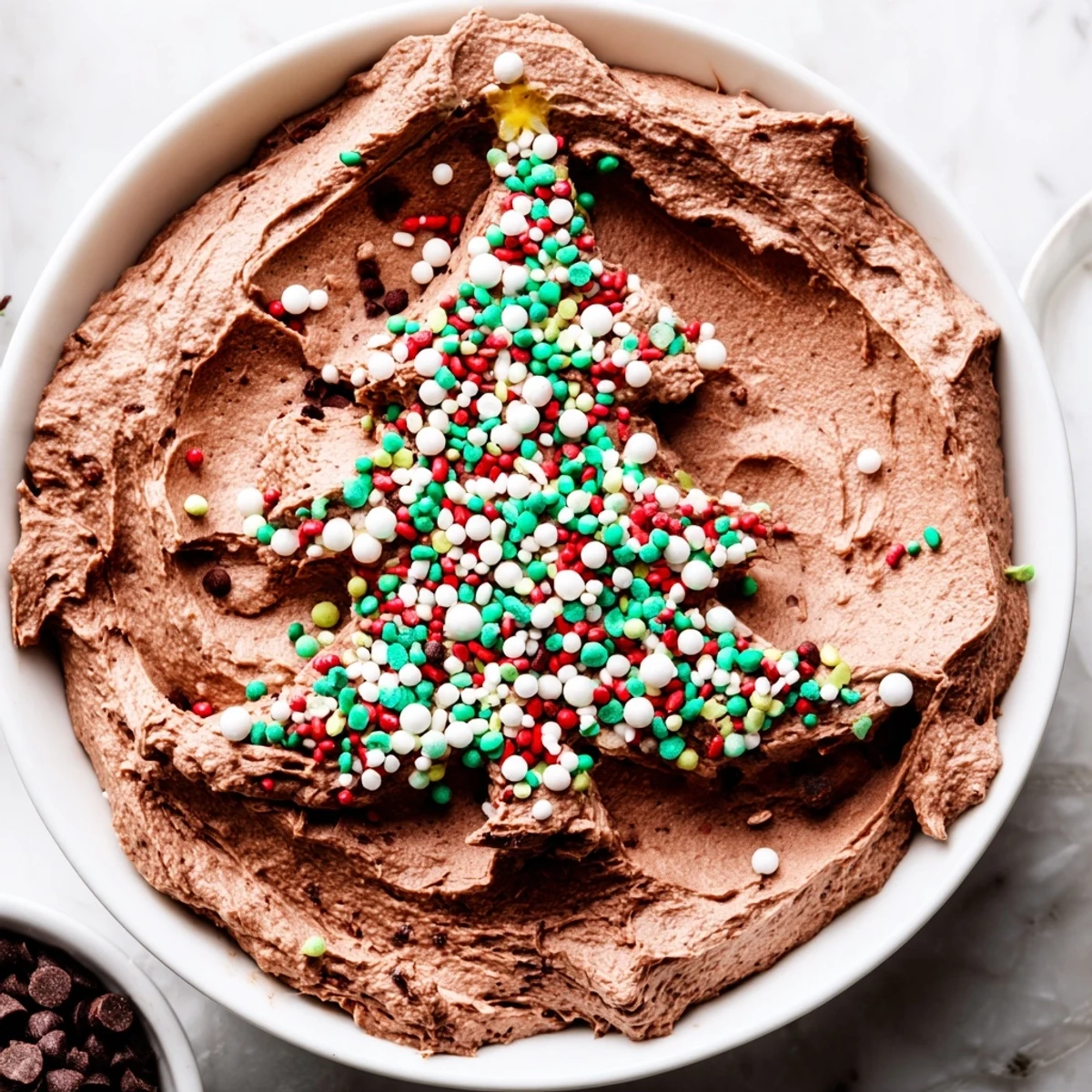 Festive Tree Brownie Dip, sprinkled with holiday cheer, ready for dipping pretzels and strawberries.
