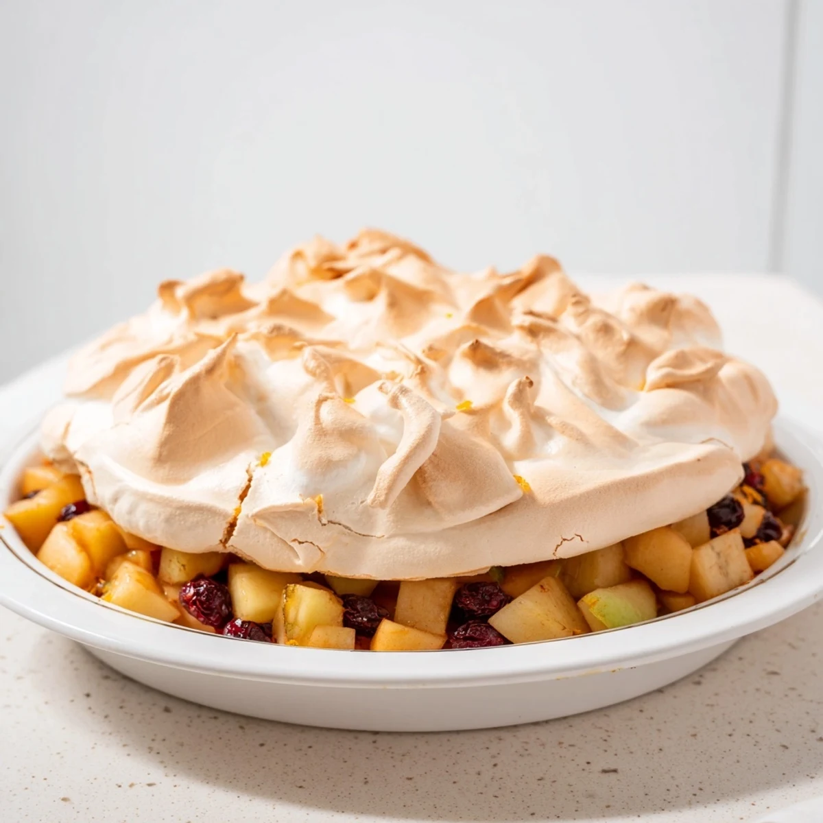 Festive Cranberry and Pear Snowscape dessert with soft pears and bright red cranberries baking.