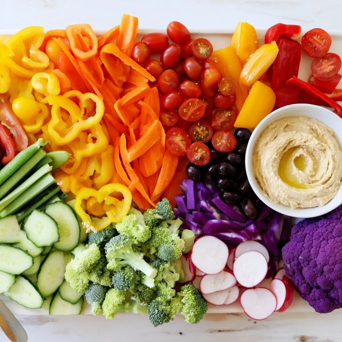 Freshly prepared Vegetable Rainbow Board recipe, offering a healthy and visually stunning appetizer platter.