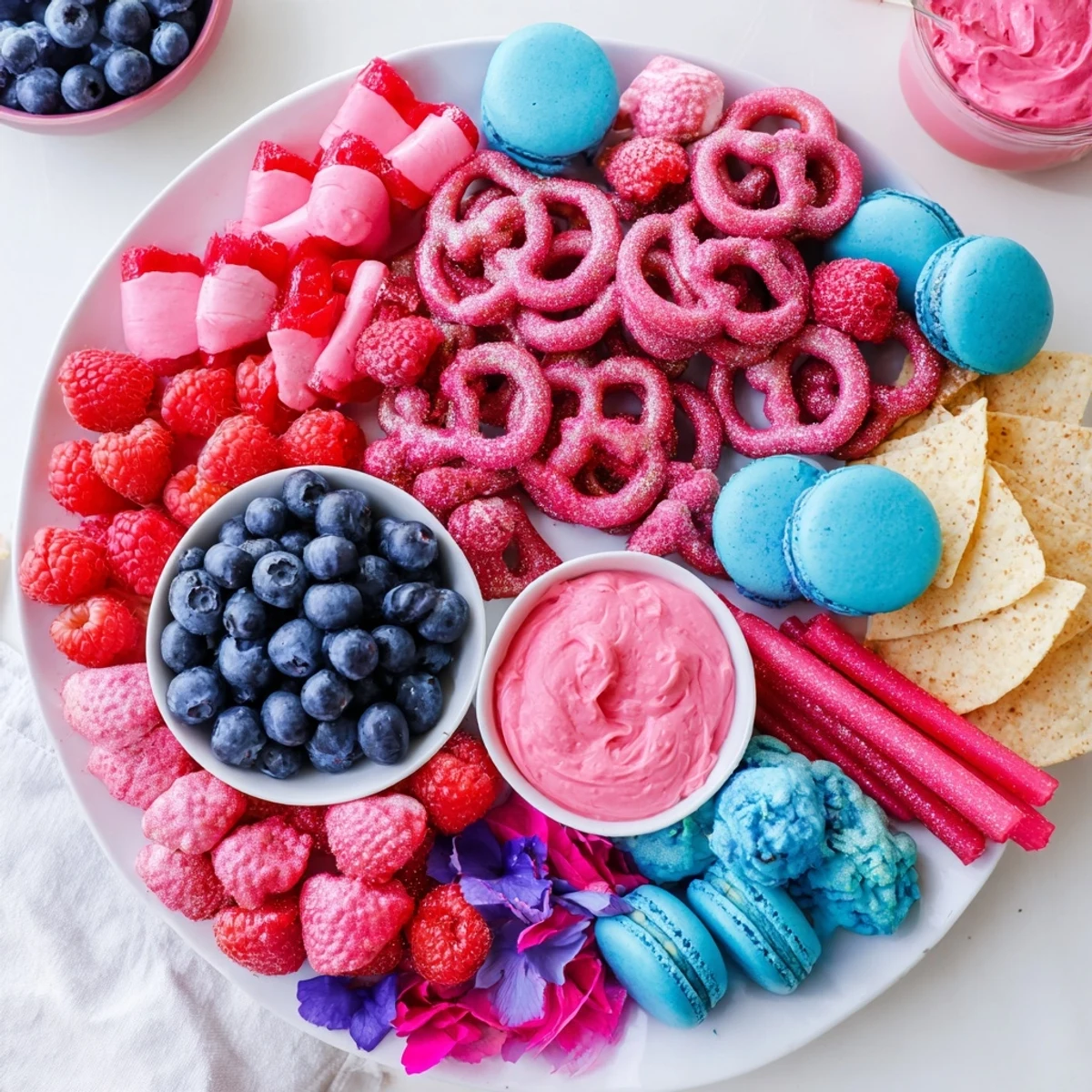 Vibrant Baby Reveal snack board overflowing with pink and blue treats, perfect for celebrating!