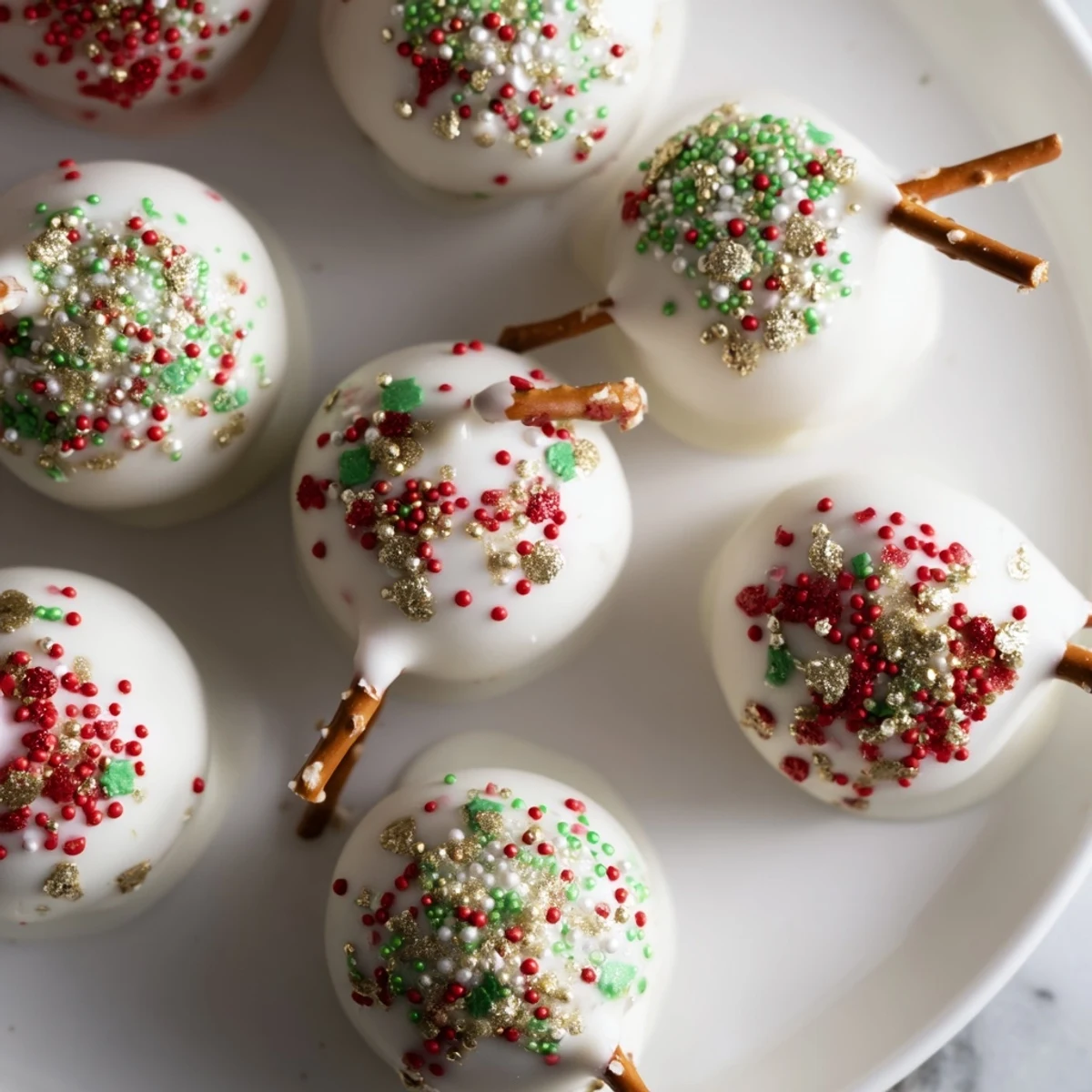 Festive Holiday Ornament Candy Balls, dipped in white chocolate and covered in colorful sprinkles.
