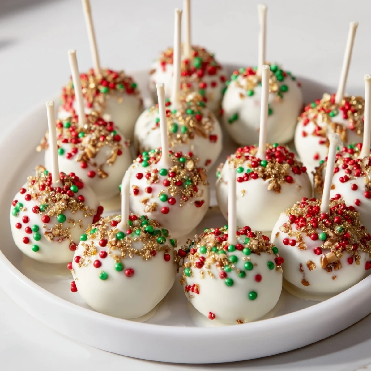 Vibrant photo: Close-up of glossy Holiday Ornament Candy Balls, arranged for a holiday dessert display.