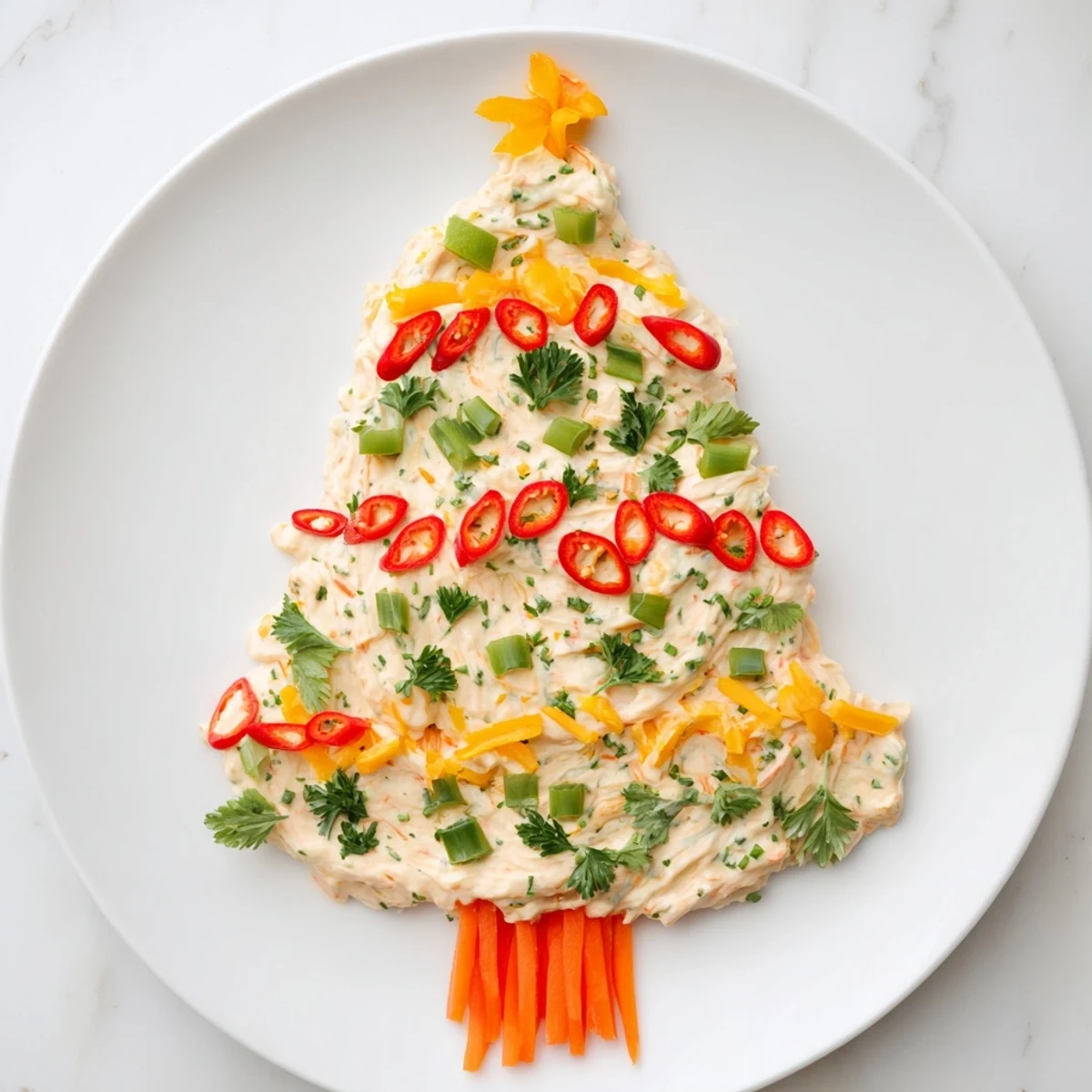 Festive Chili Pepper Christmas Tree Dip: A creamy, spicy appetizer ready for holiday celebrations with crackers.