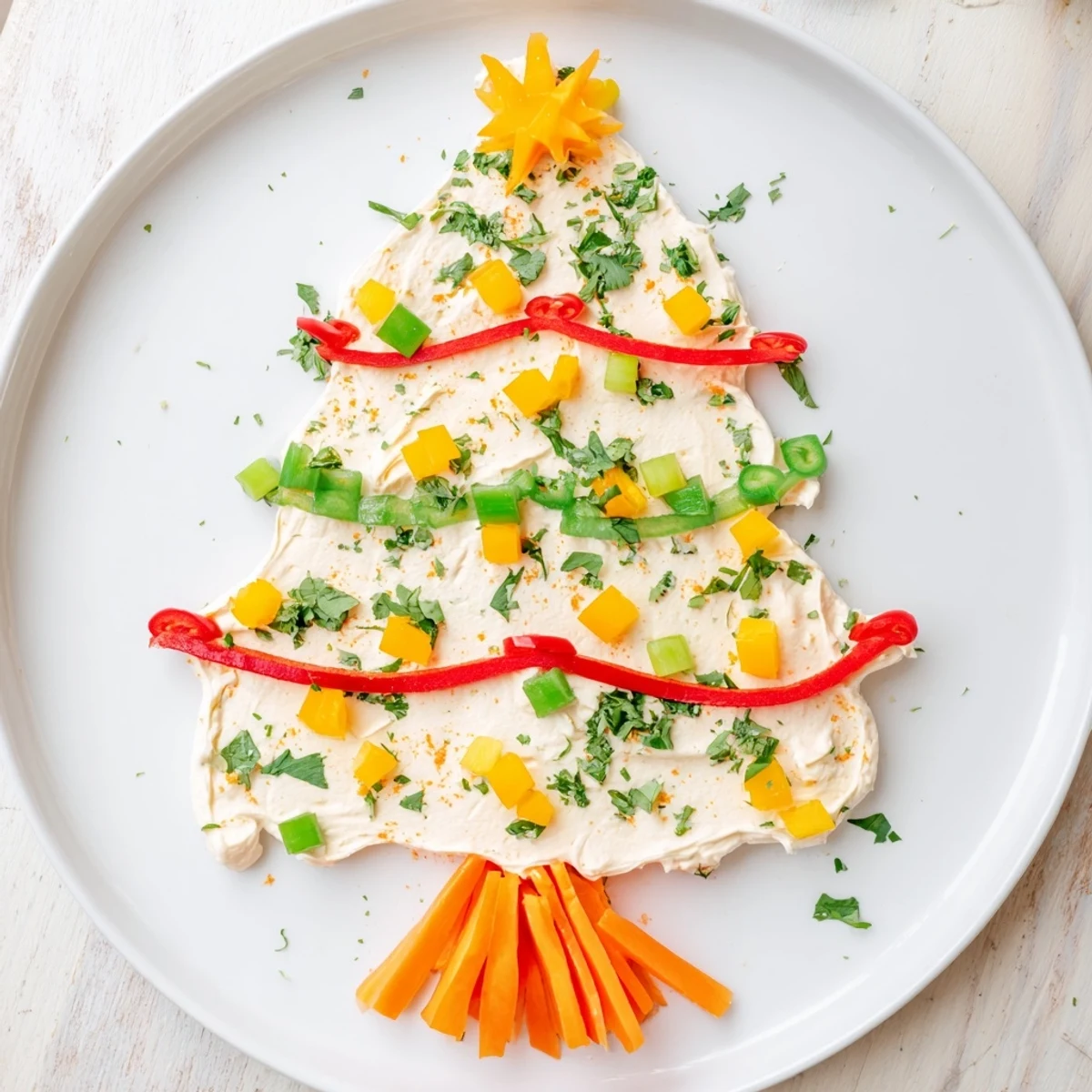 Creamy and flavorful Chili Pepper Christmas Tree Dip, shaped into a Christmas tree, perfect for dipping & sharing.