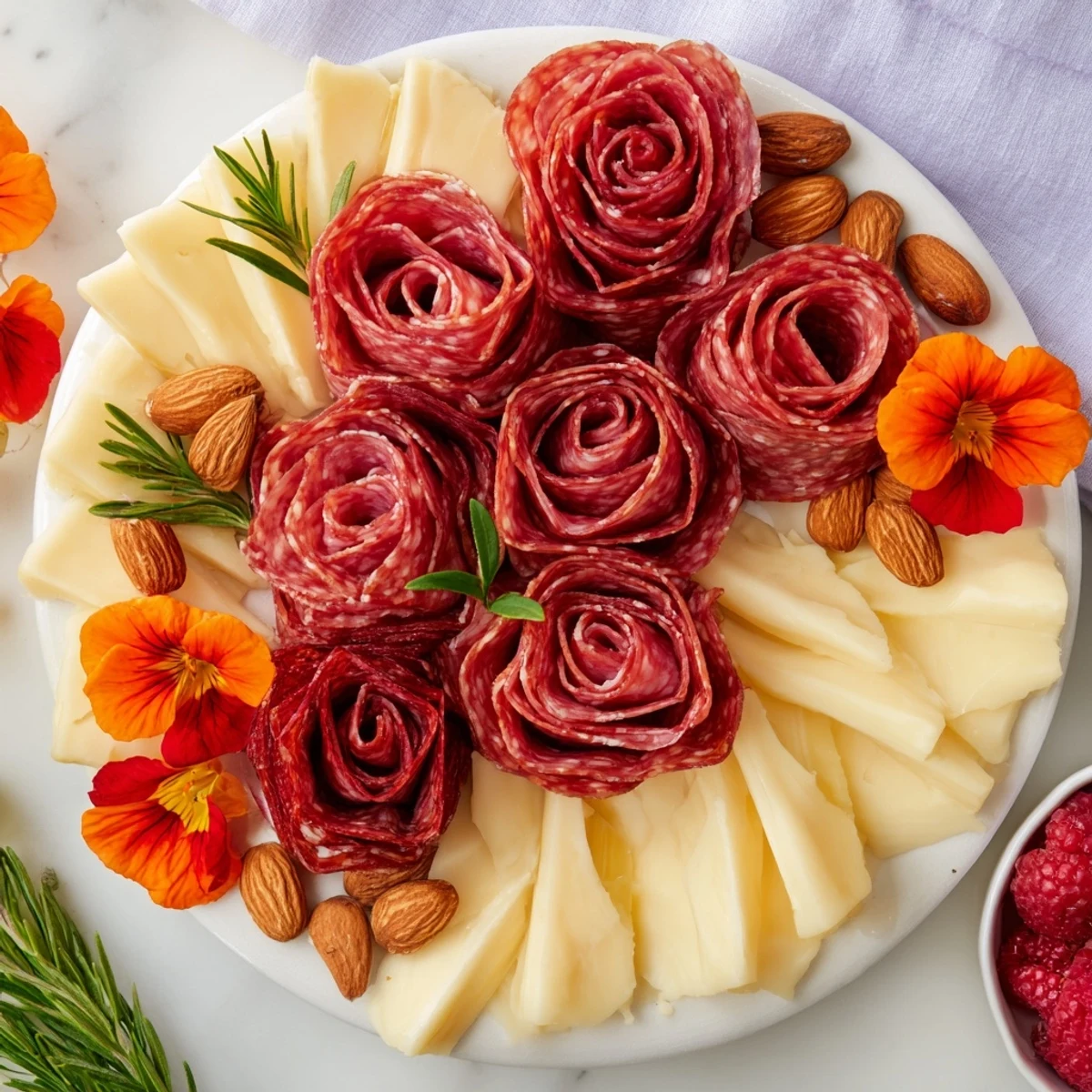 Beautifully arranged Meat and Cheese Rose Garden Board with colorful fruits, olives, and nuts.