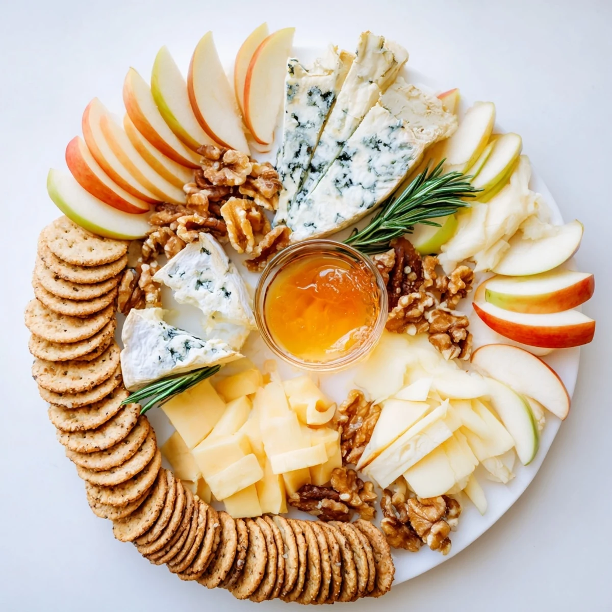 A beautifully arranged cheese plate with Brie, sharp cheddar, and cracker rings, ready to enjoy.