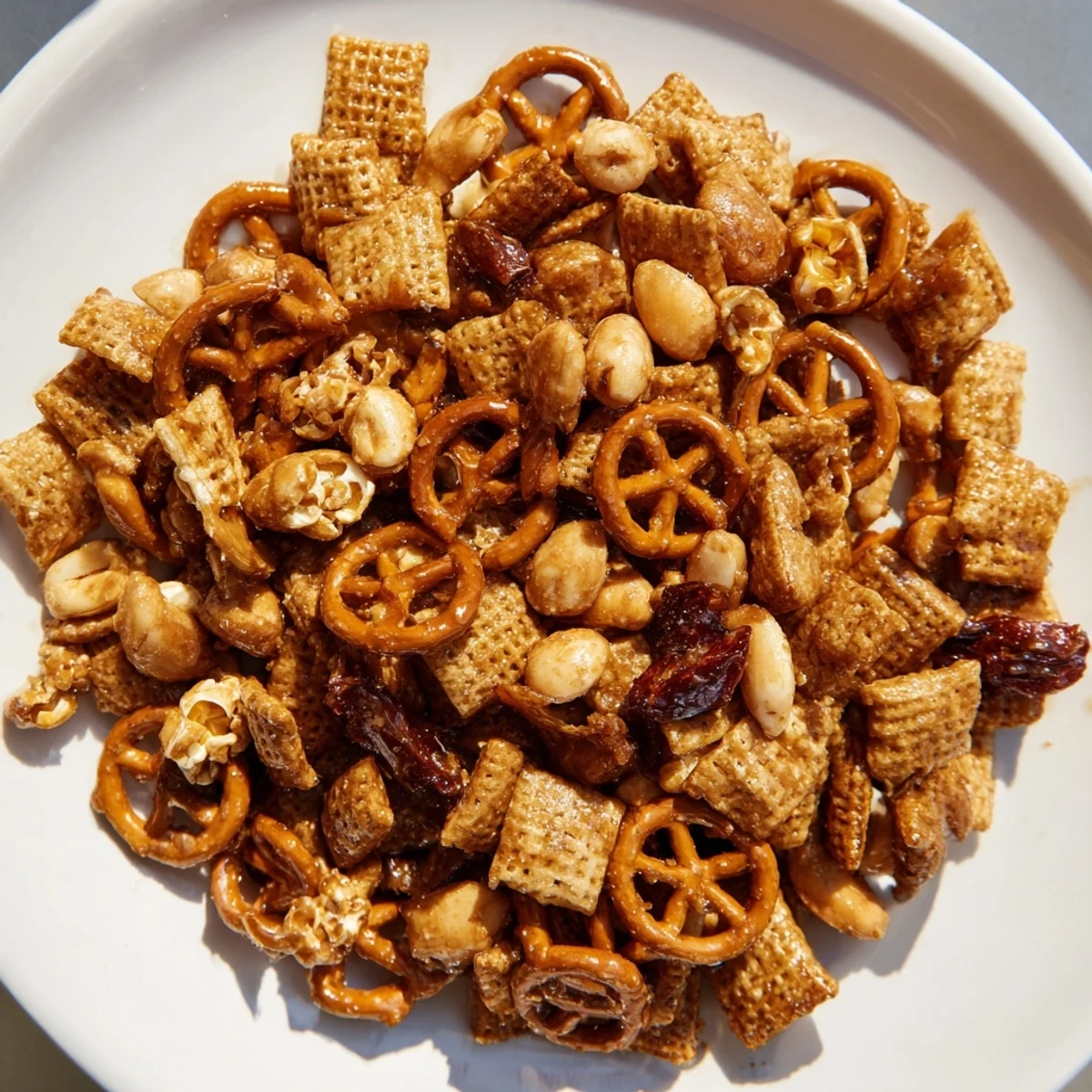 Sweet and salty sparkling Party Mix, baked to crispy perfection for a delightful treat.