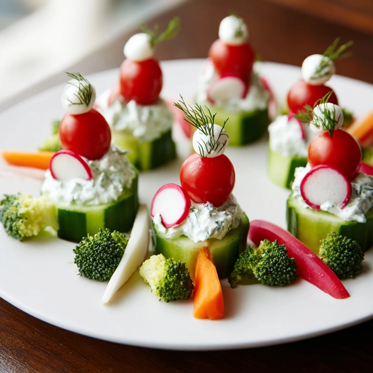 Festive Savory Crudités arrangement: Cherry tomatoes, mozzarella hats, and veggie dippers around a delicious dip.
