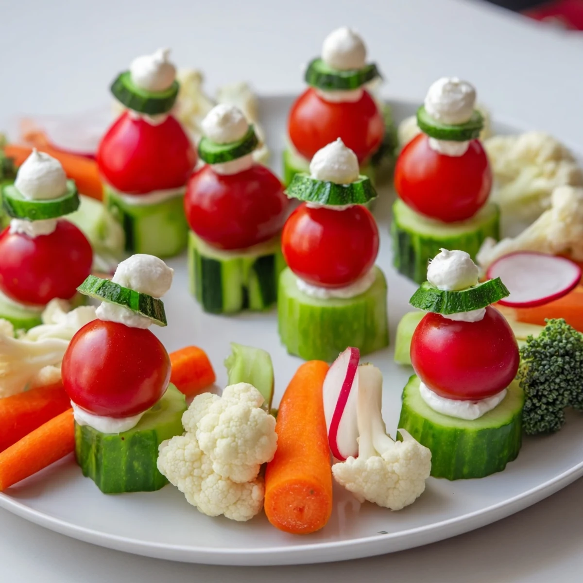 Vibrant Savory Crudités platter: Fresh veggie Santa hat dip with creamy yogurt dip for holiday snacking.