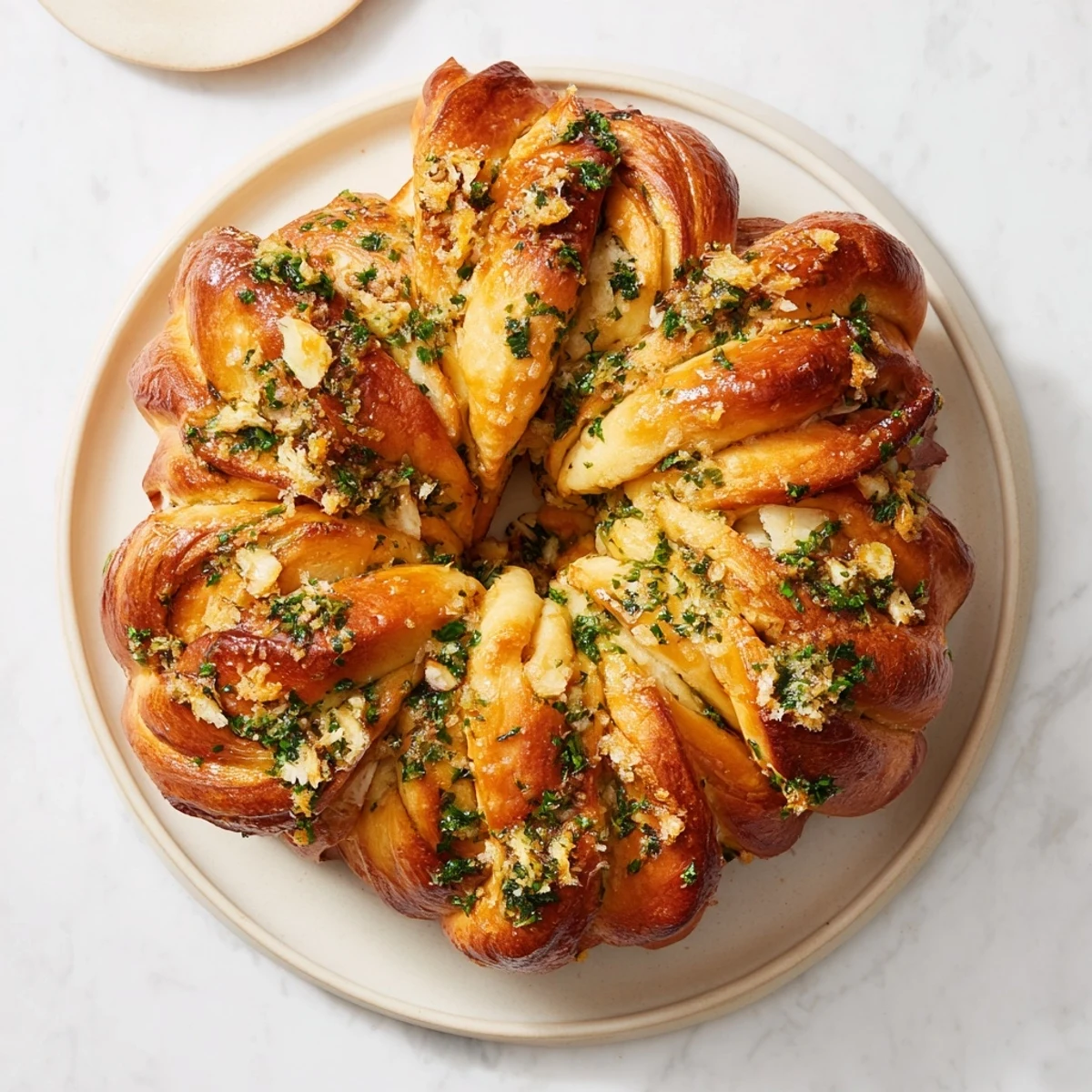 Delicious, pull-apart star shaped garlic bread; the perfect appetizer, fresh out of the oven.