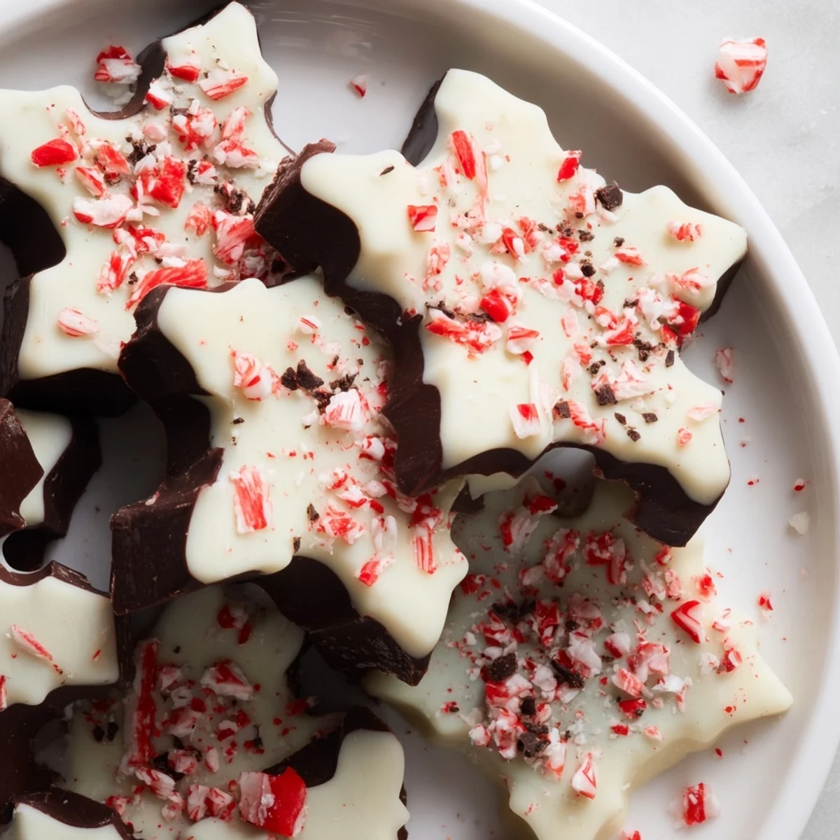 Vibrant photo of Peppermint Bark Snowflakes, a rich, layered dessert, sprinkled with crushed peppermint candy.