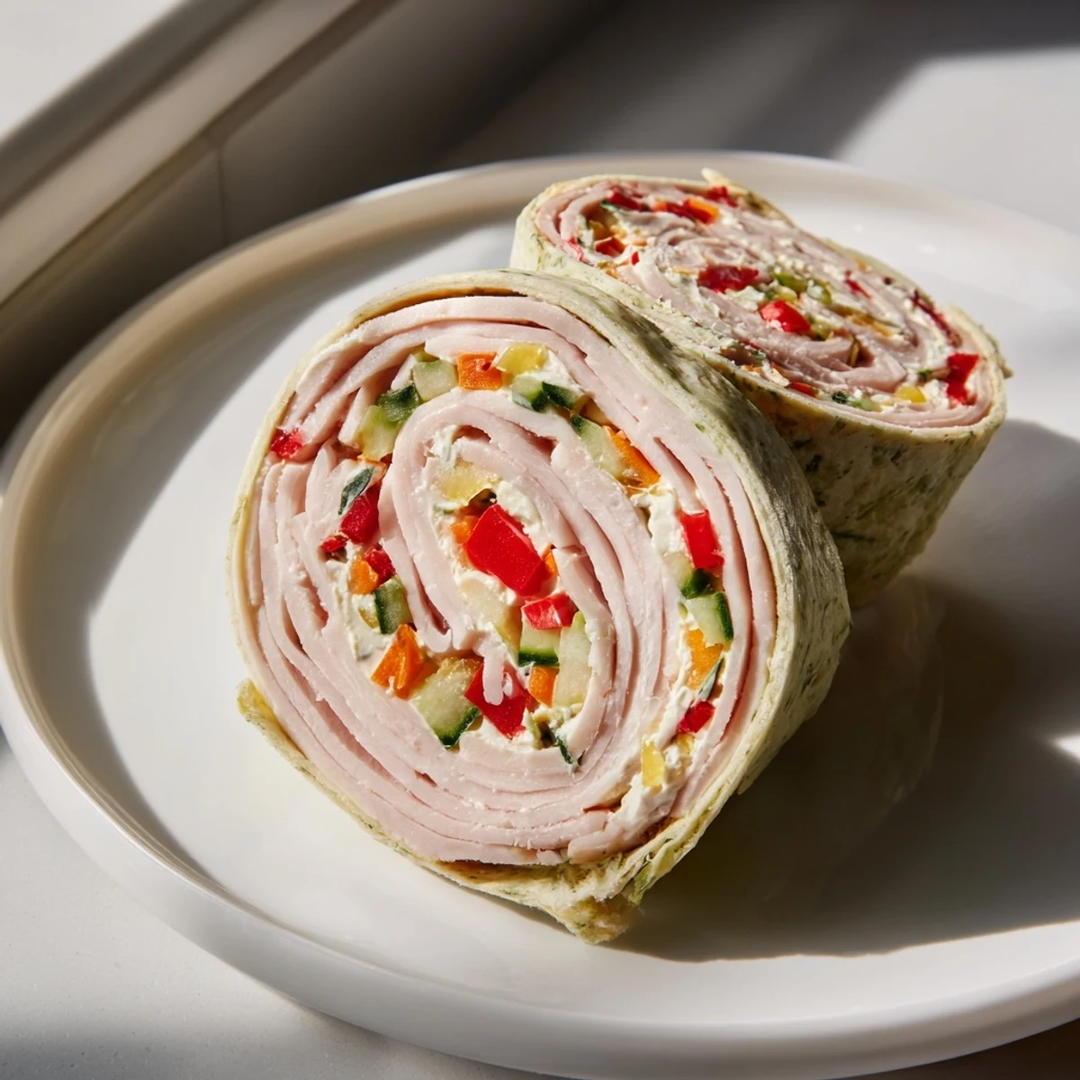 Close-up of Smoked Turkey Pinwheels with visible turkey, colorful veggies, a delicious finger food.