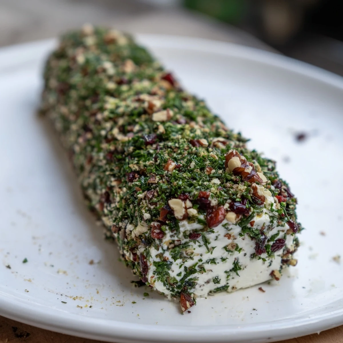 Festive Winter Snowdrift Goat Cheese Log, richly coating the creamy goat cheese appetizer.