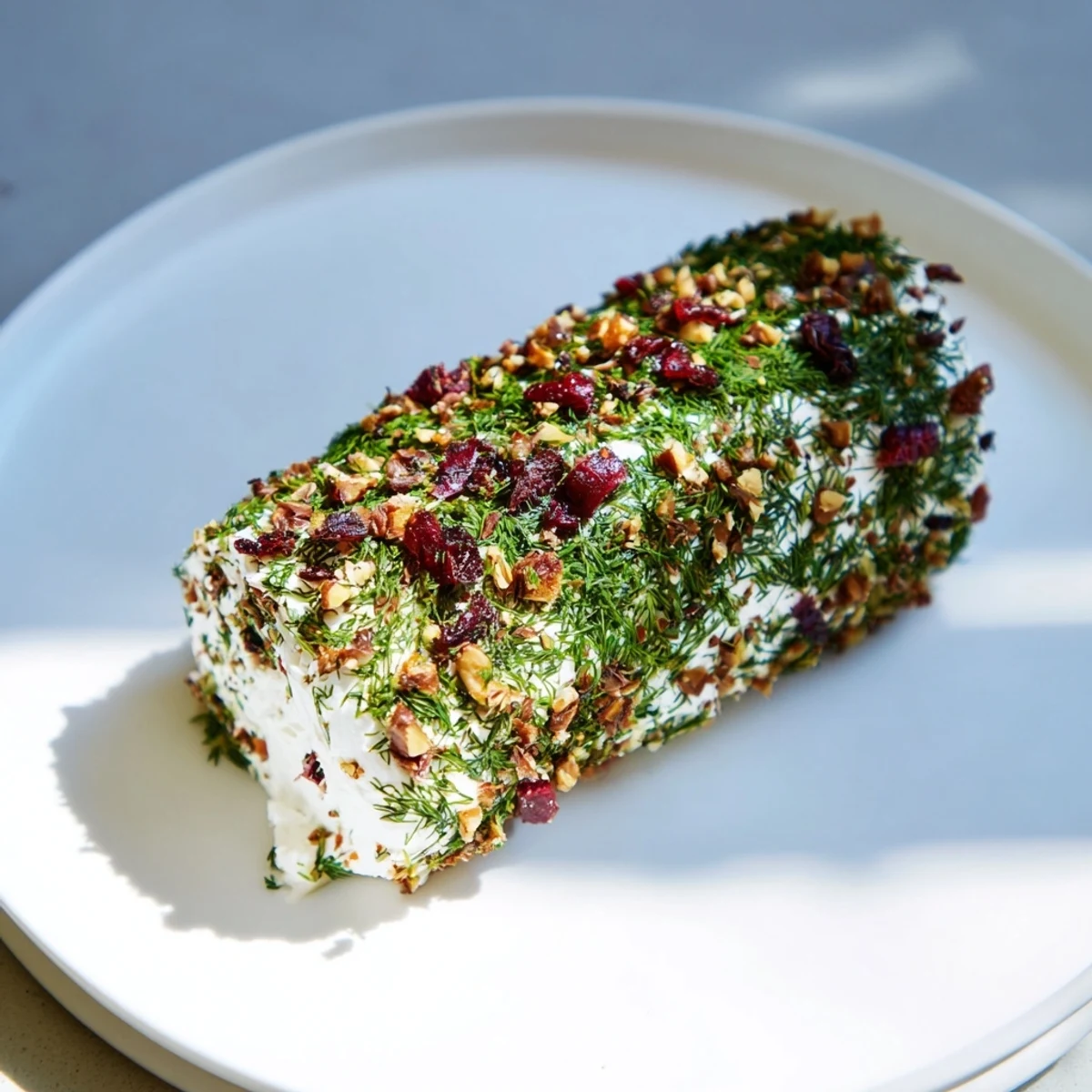Close-up of a delightful Winter Snowdrift Goat Cheese Log, showcasing the herb and nut coating.