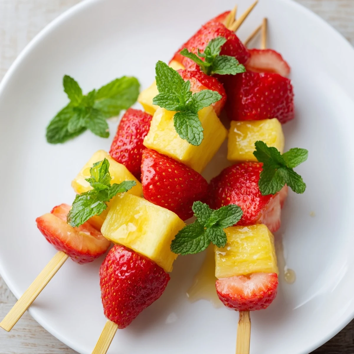 Enjoy a healthy serving of fruit skewers with pineapple, strawberries, and a hint of mint!