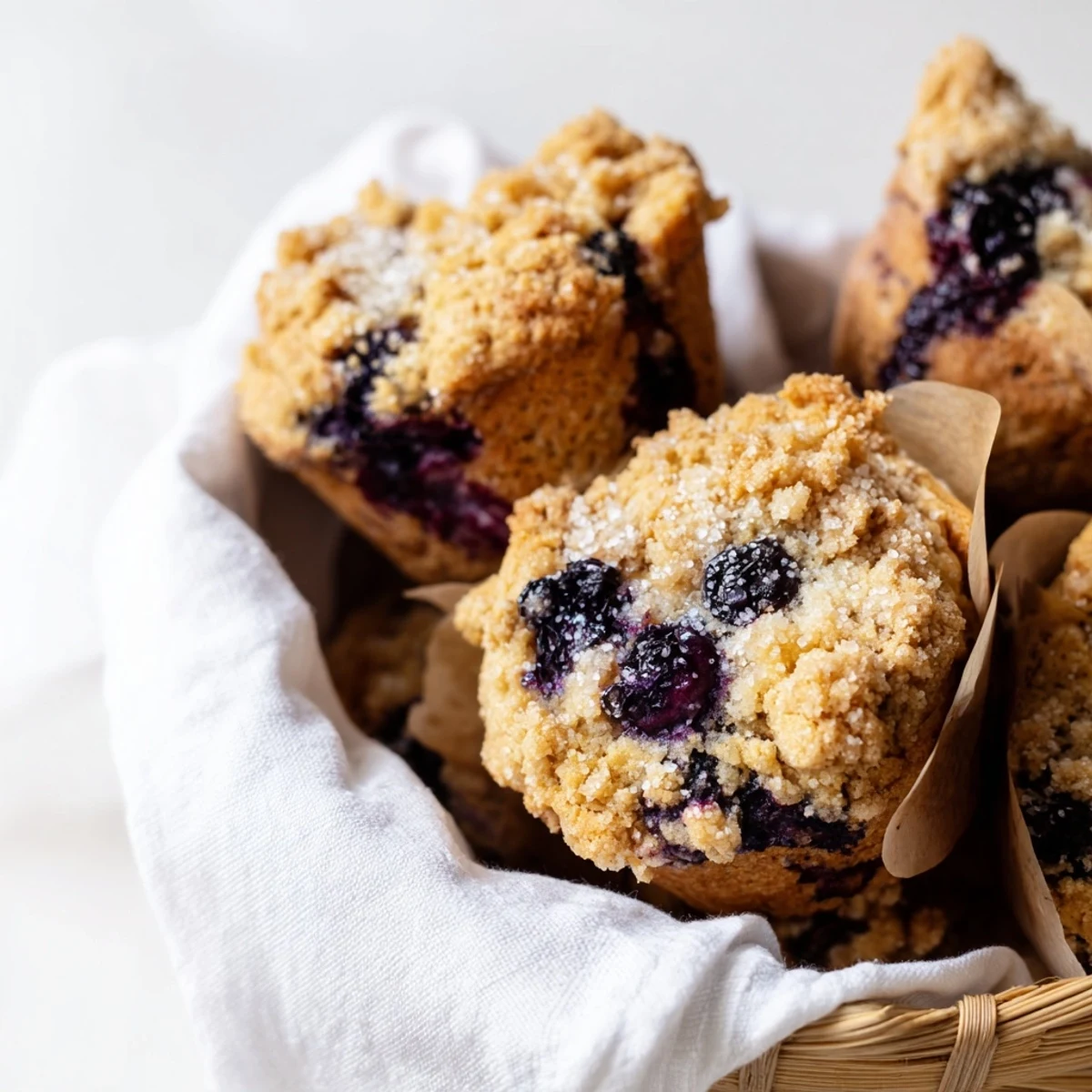 Fluffy mini blueberry muffins in a basket, perfect for a delightful brunch spread, appealing to taste.
