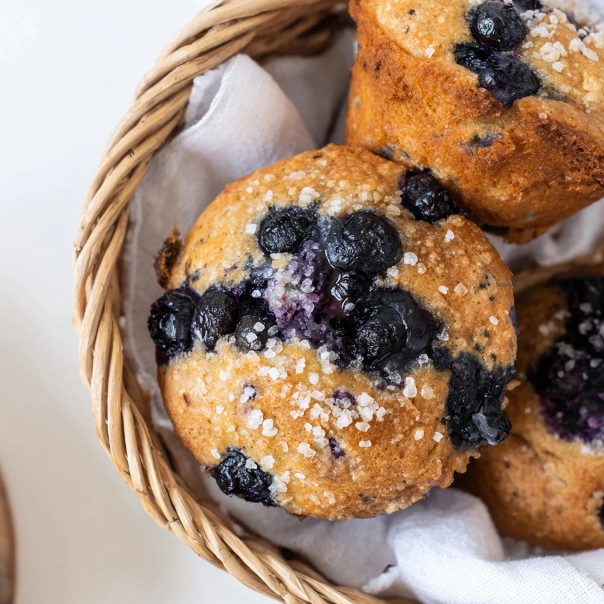Warm, freshly baked mini blueberry muffins, arranged in a basket beside a cup of coffee.
