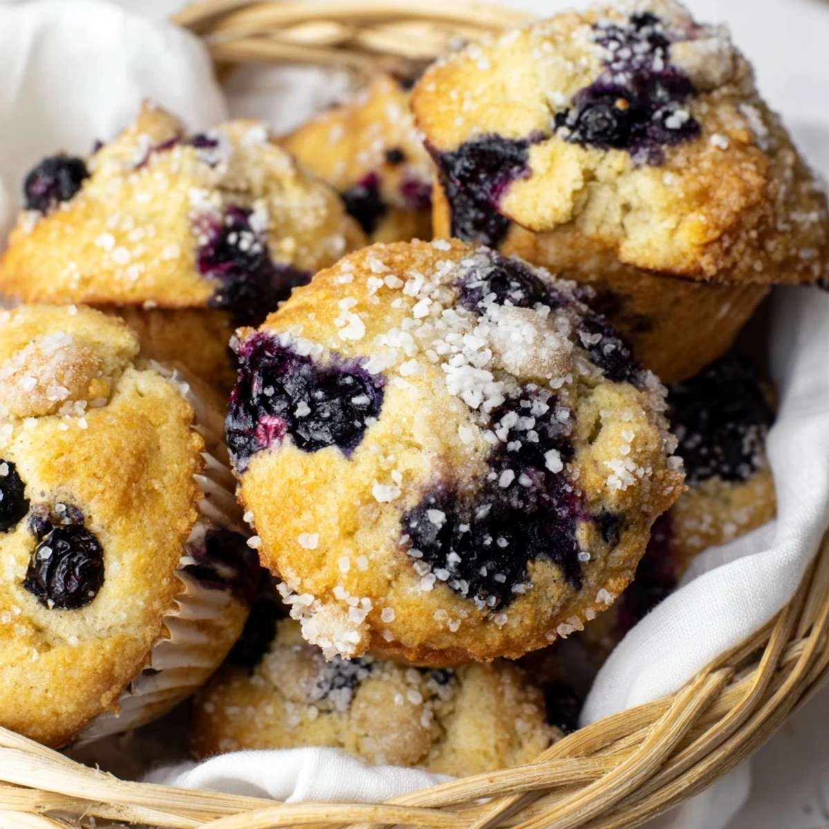 A woven basket overflowing with golden-brown mini blueberry muffins ready for a sweet treat.