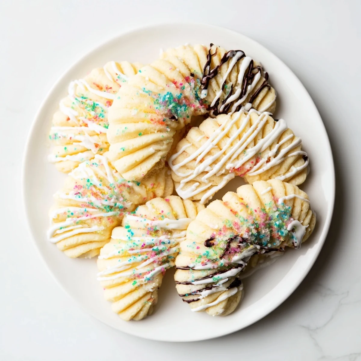 Golden-brown spritz cookies in a layered fan shape, a beautiful display of delicate treats for the holidays.
