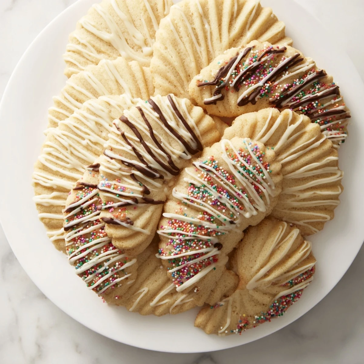 Buttery, crisp spritz cookies, beautifully fanned out and dusted with sprinkles; holiday baking at its finest.