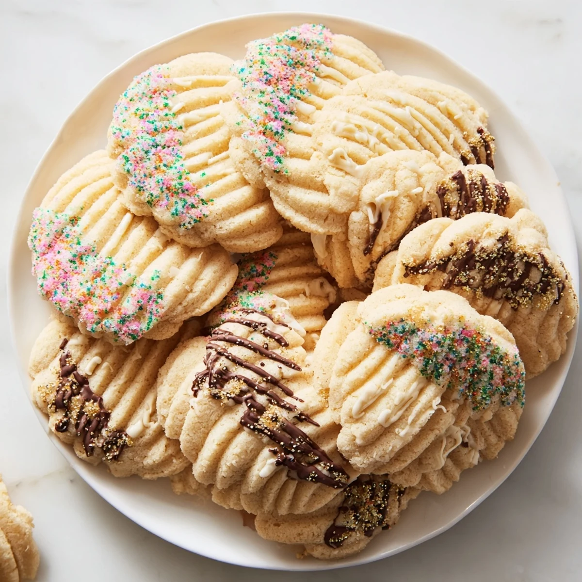 Freshly baked spritz cookies, forming a layered fan, ready to be enjoyed with coffee or a glass of wine.