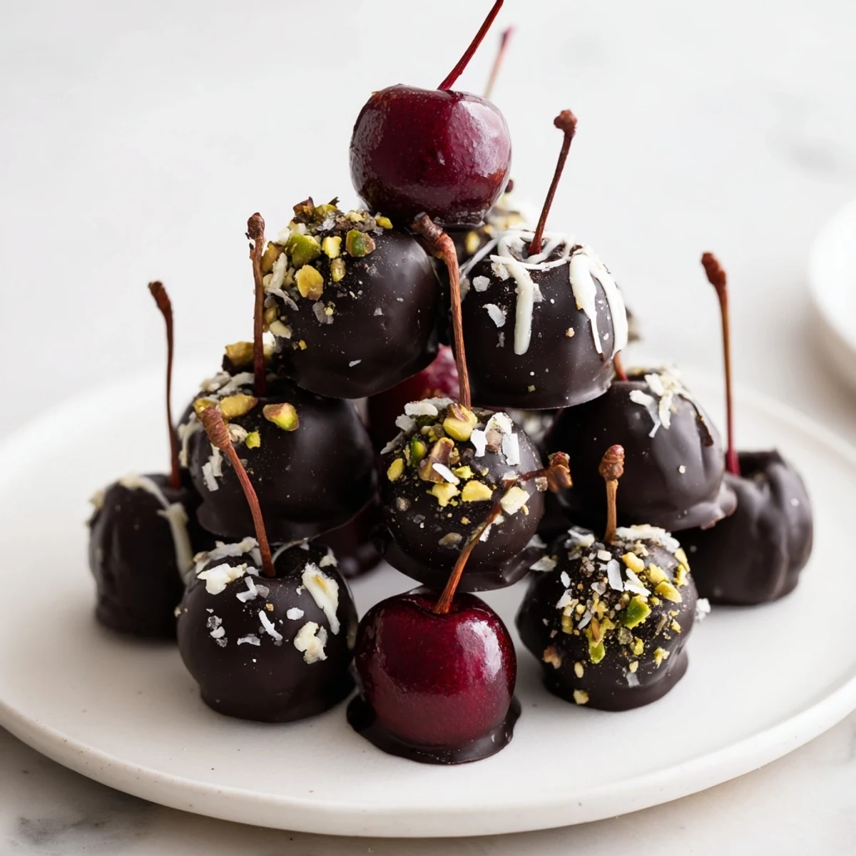 Delectable chocolate-covered cherry dessert bites arranged in a beautiful pyramid on a serving plate.