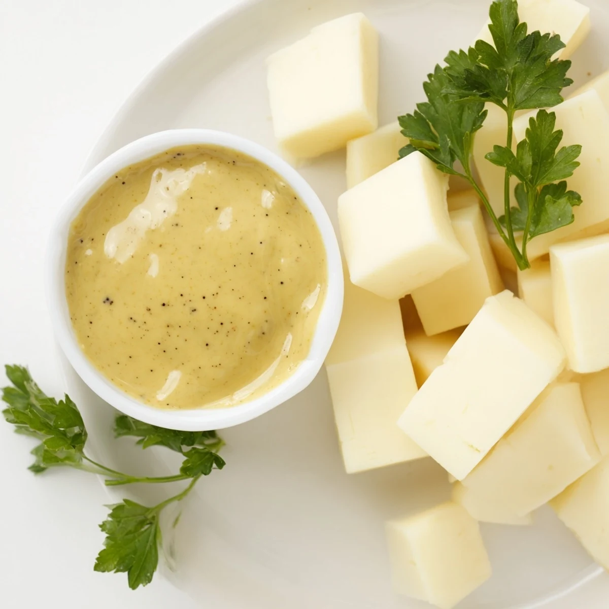 A close-up of a cheese platter, showing Gouda cubes and a bowl of golden mustard dip.