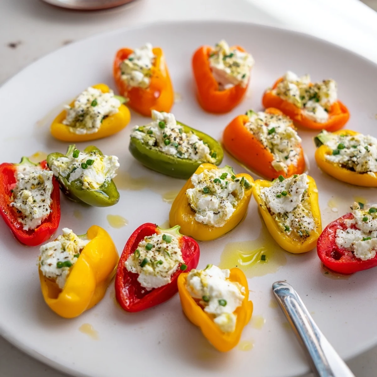 Vibrant mini bell pepper halves overflowing with creamy feta filling, ready to serve as an appetizer.
