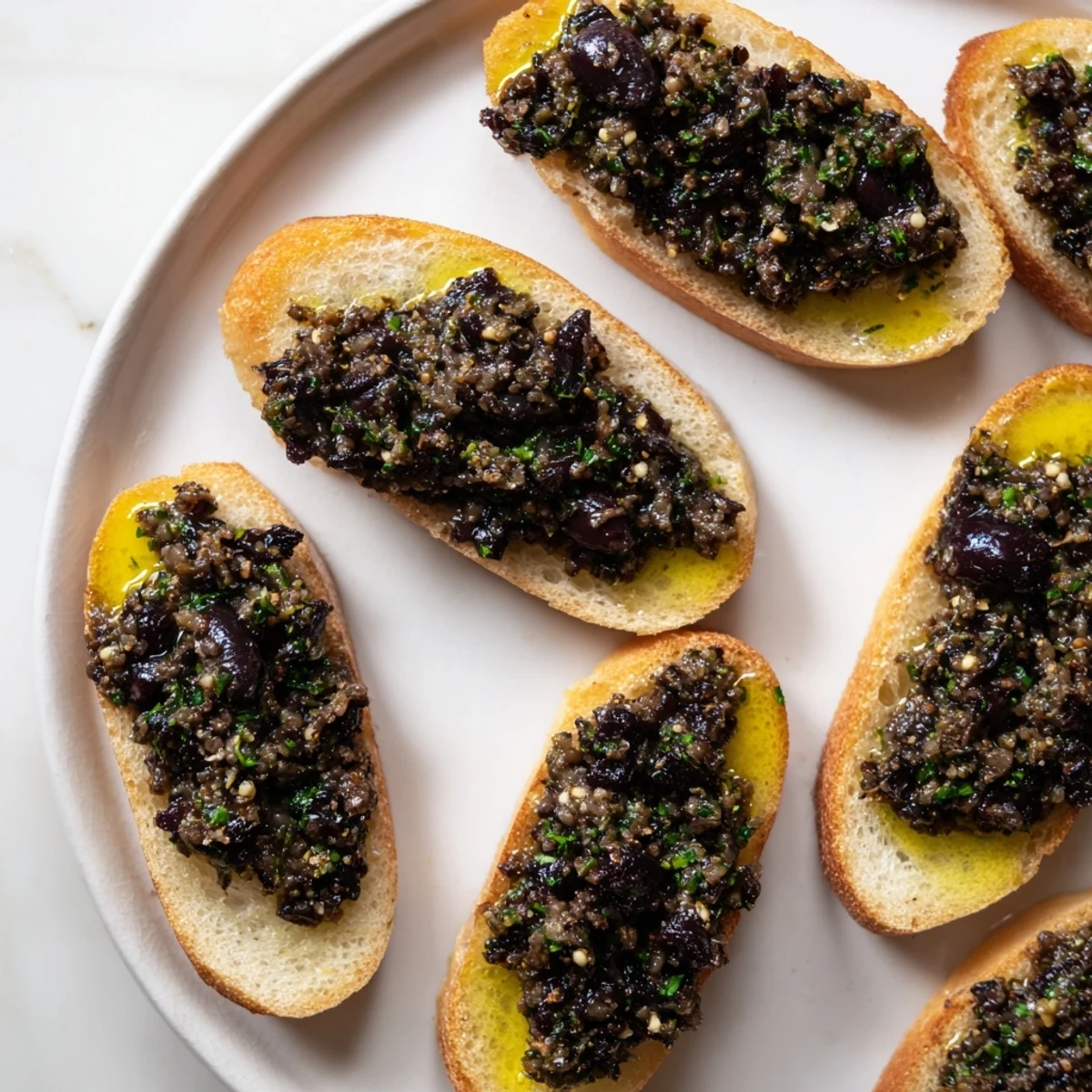 A close-up shot of the savory black olive tapenade, beautifully presented on crispy crostini appetizers.