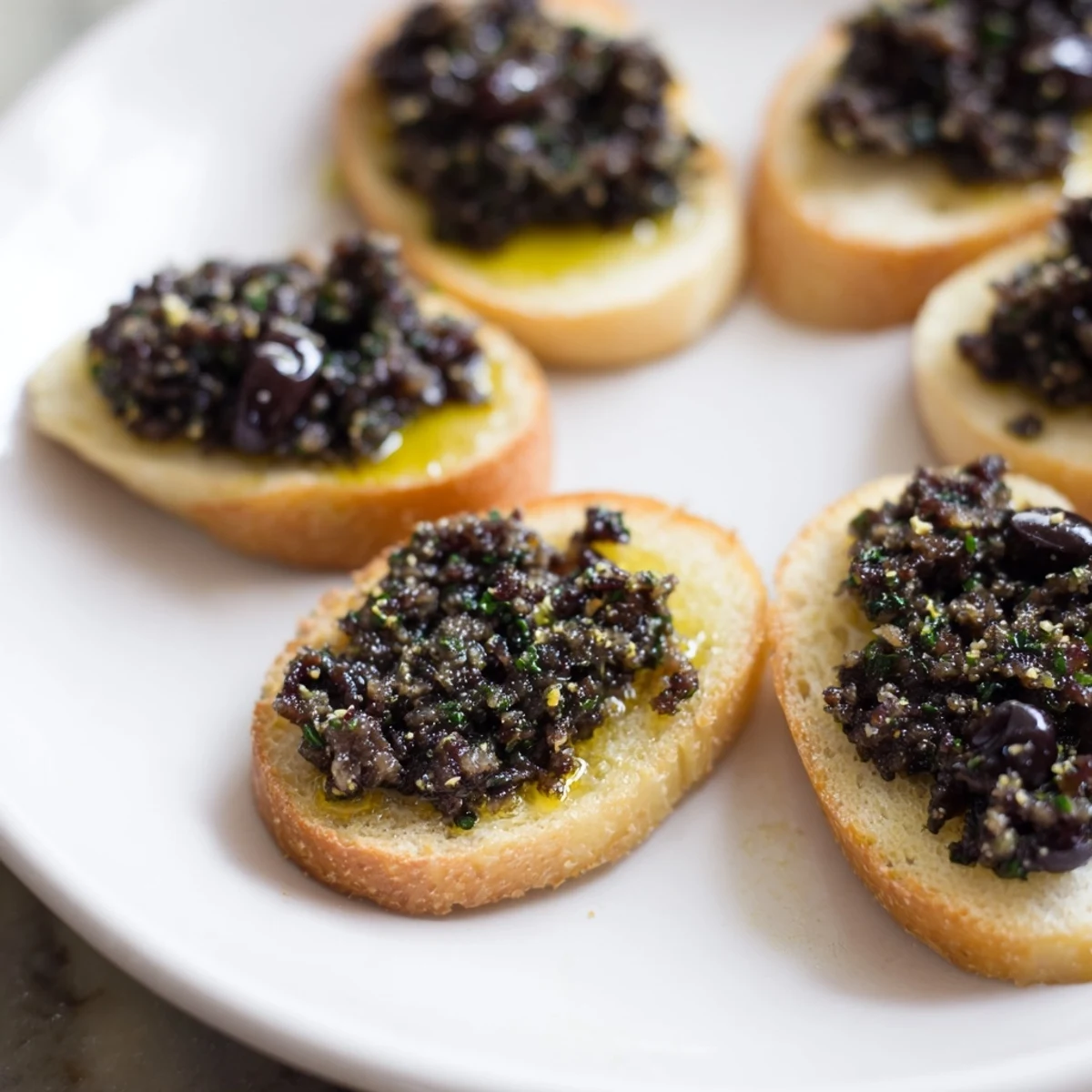 Freshly made black olive tapenade, a delicious Mediterranean appetizer served with golden, garlic-infused crostini.