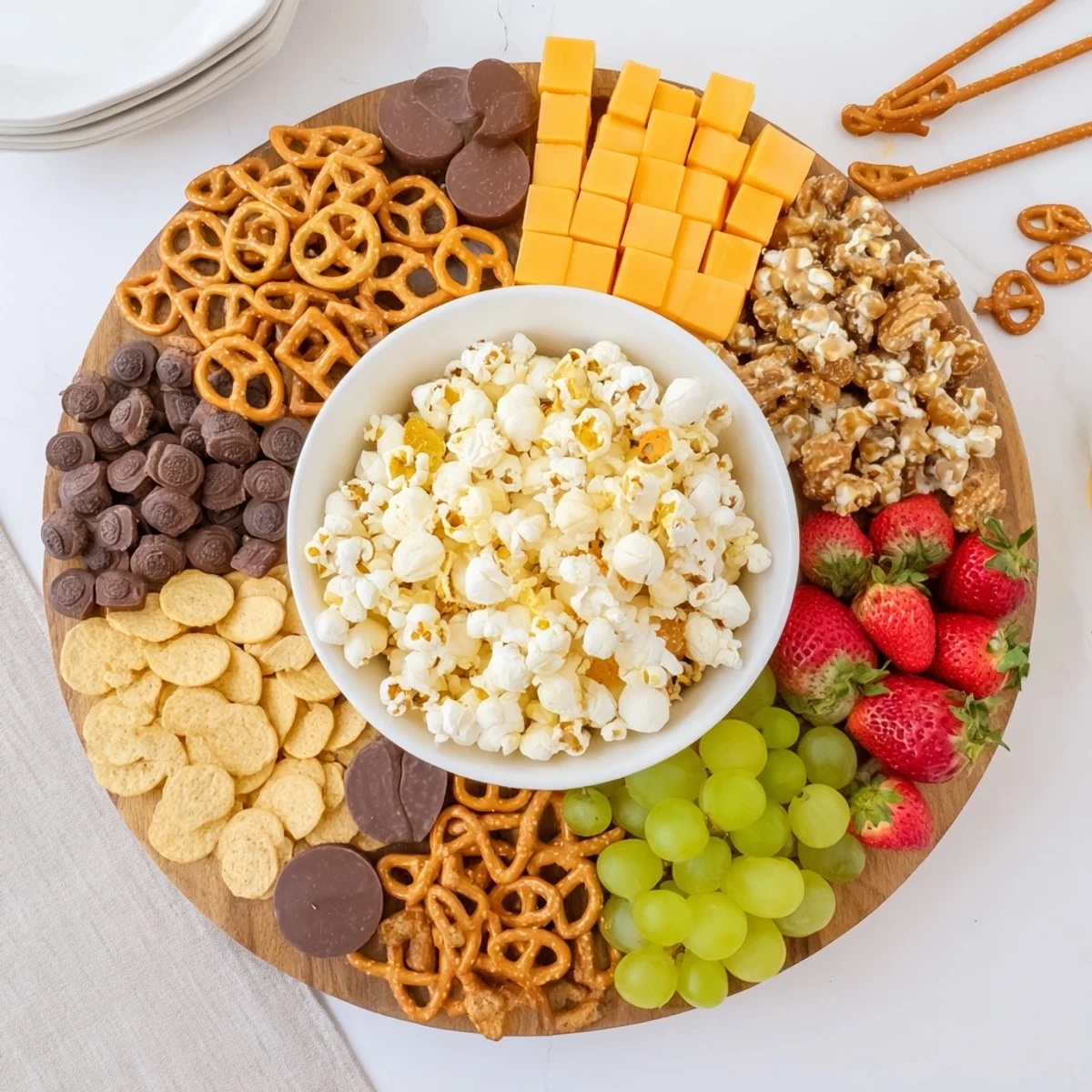 A movie night munchie board displays various sweet and savory snacks, perfect for a film marathon.