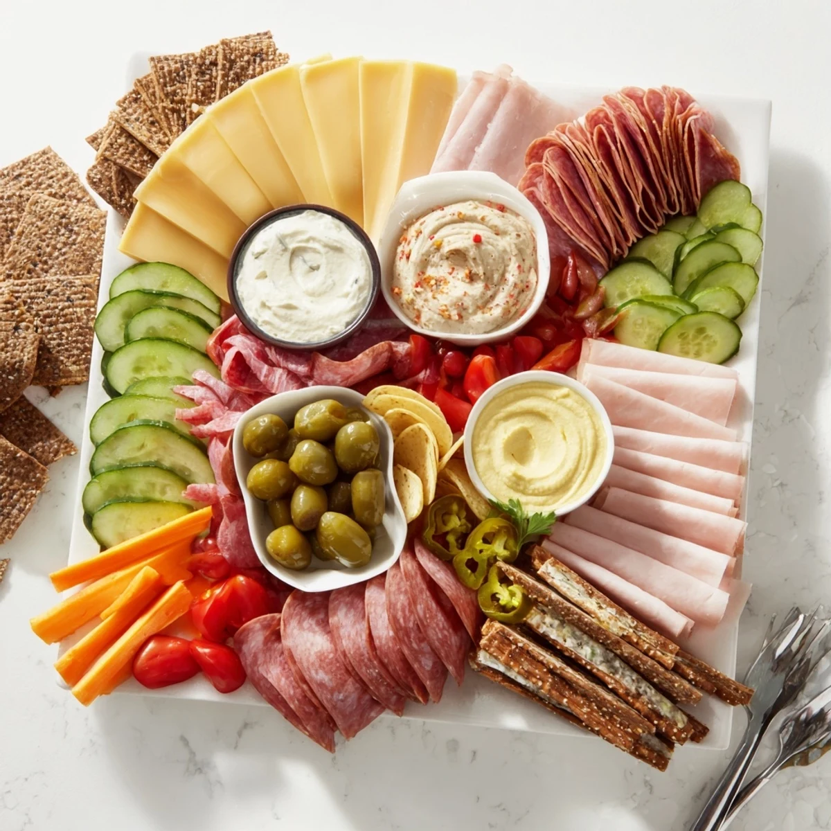 A plentiful Tailgate Party Power Stack features layered meats, cheeses, and colorful fresh veggies for everyone.