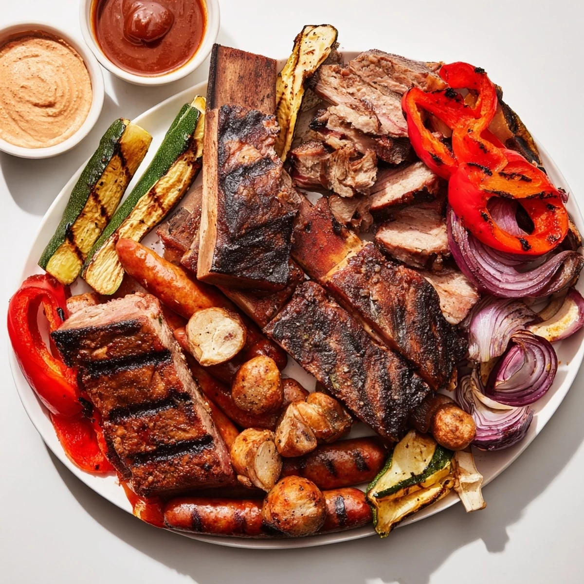 A Backyard BBQ Companion board overflowing with grilled meats and vibrant, charred vegetables.