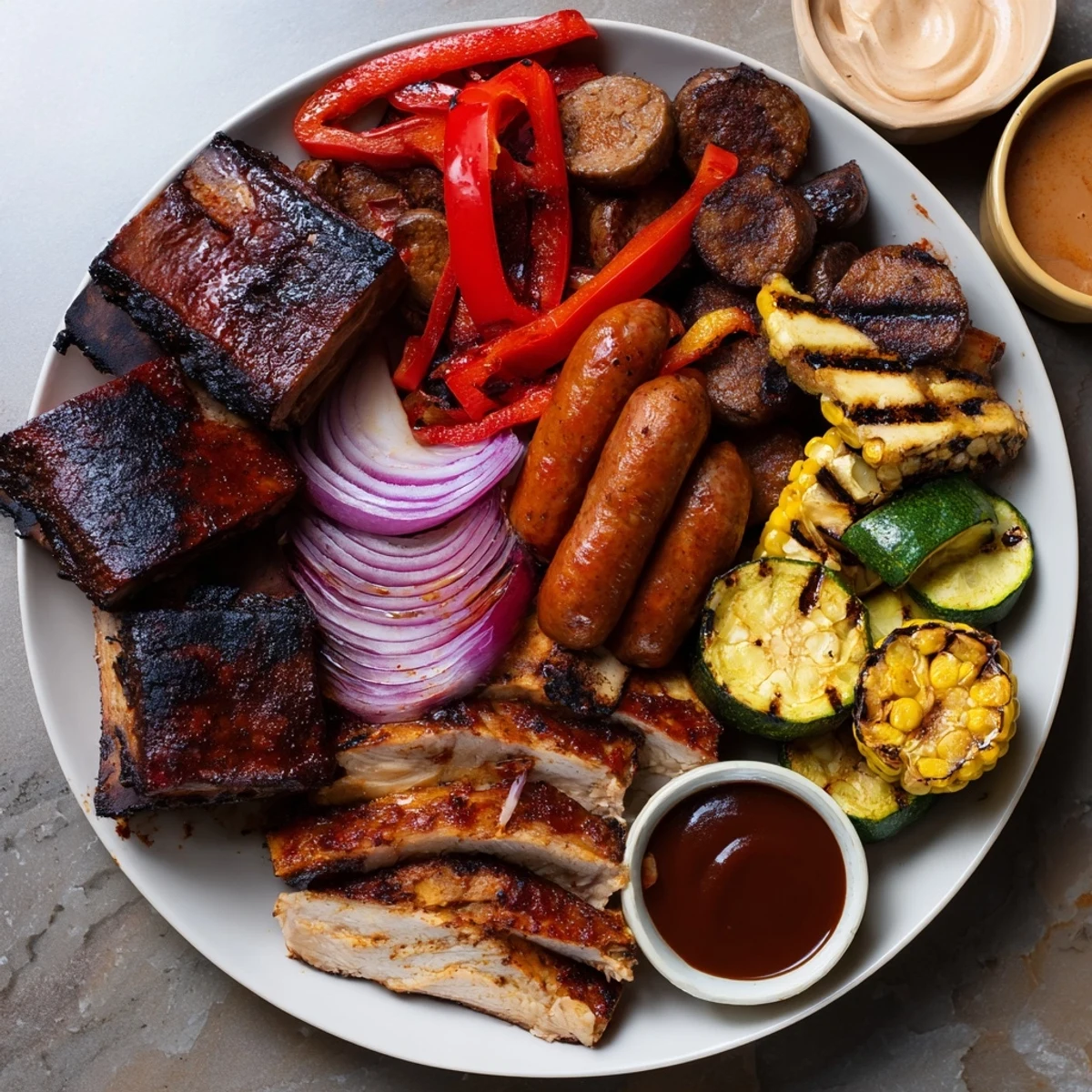 This Backyard BBQ Companion showcases succulent smoked meats and grilled vegetables, ready for summer enjoyment.