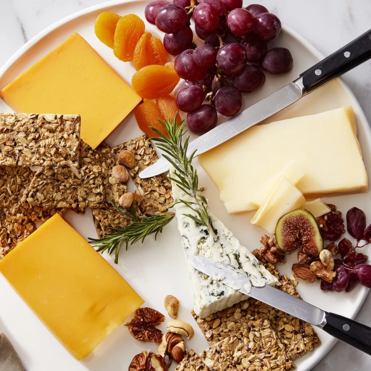 Delectable open house cheese & cracker spread, brimming with tempting cheeses and colorful crackers for guests.