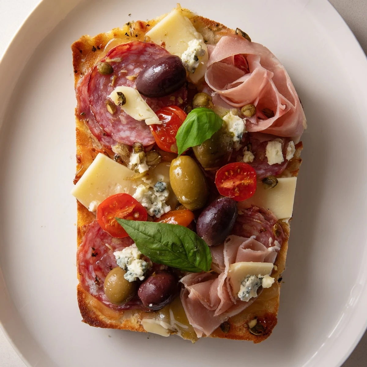 A close-up of The Rustic Raft, showcasing layers of savory meats and creamy cheeses.