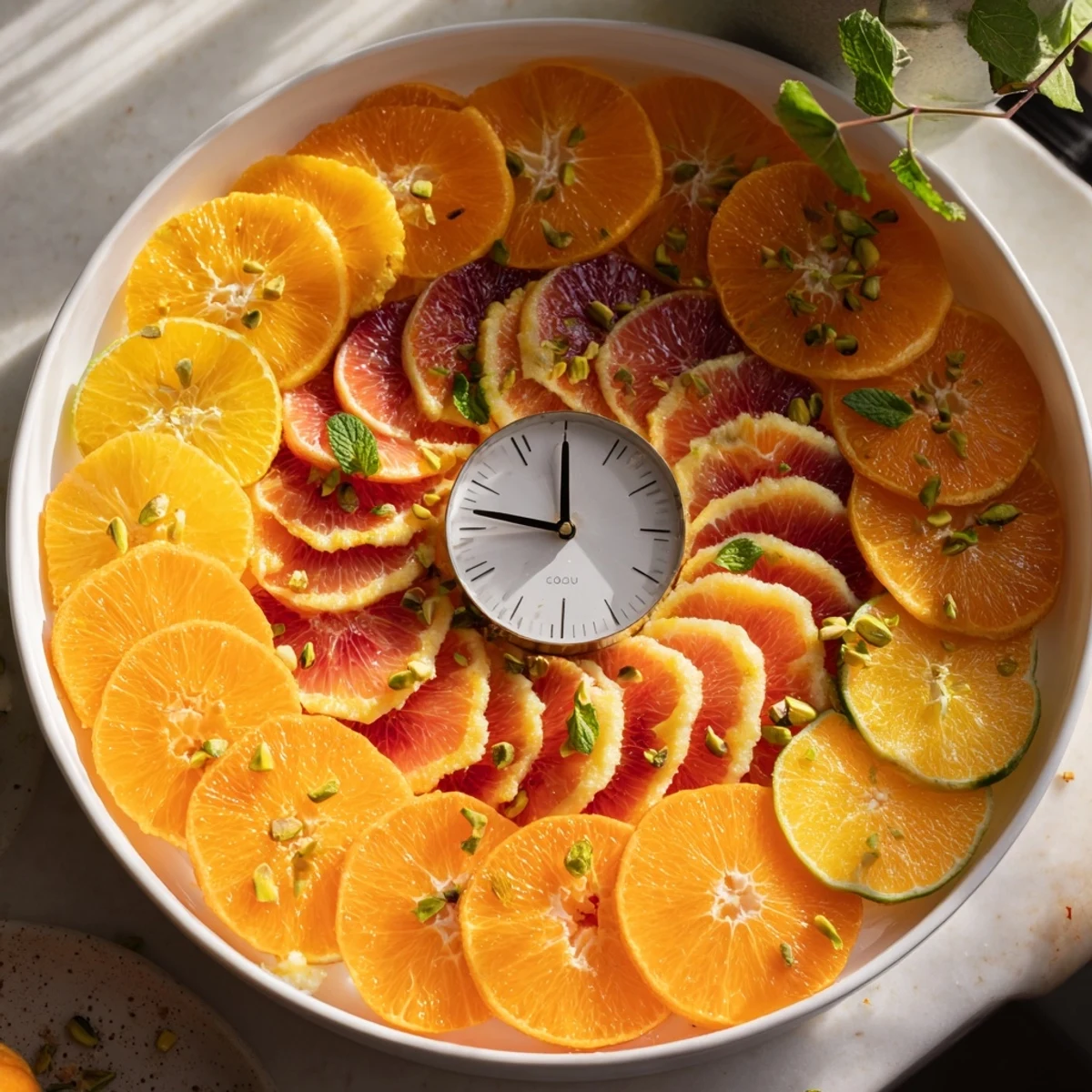 A clockwork orange appetizer platter showcasing vibrant citrus, creamy cheese clock hands, ready to enjoy.