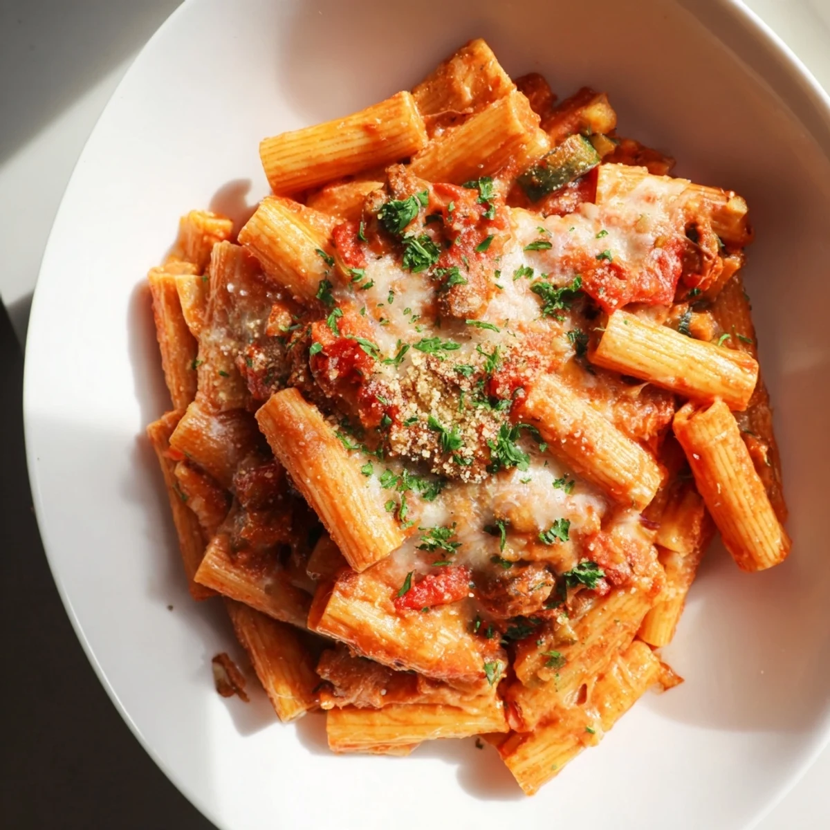 Spicy Vegan Chorizo Baked Pasta with bubbly vegan cheese topping, a perfect hearty dinner.