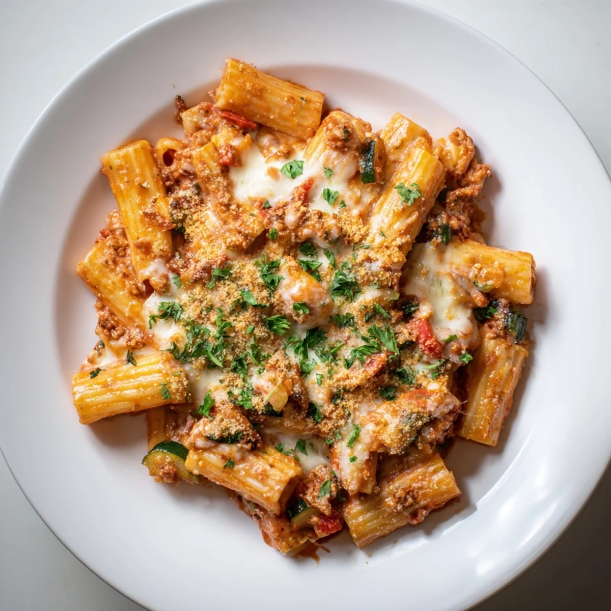 A close-up of a steaming Spicy Vegan Chorizo Baked Pasta, ready to serve and enjoy.