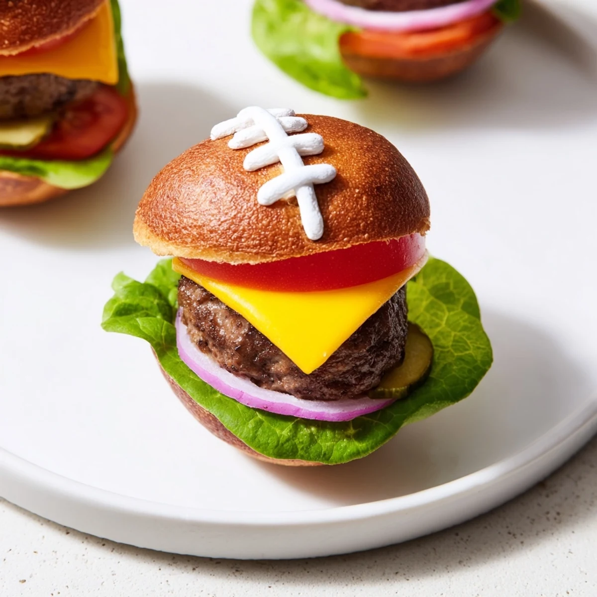A sizzling American Football Oval Burger Platter, stacked high with juicy mini burgers and melted cheese.