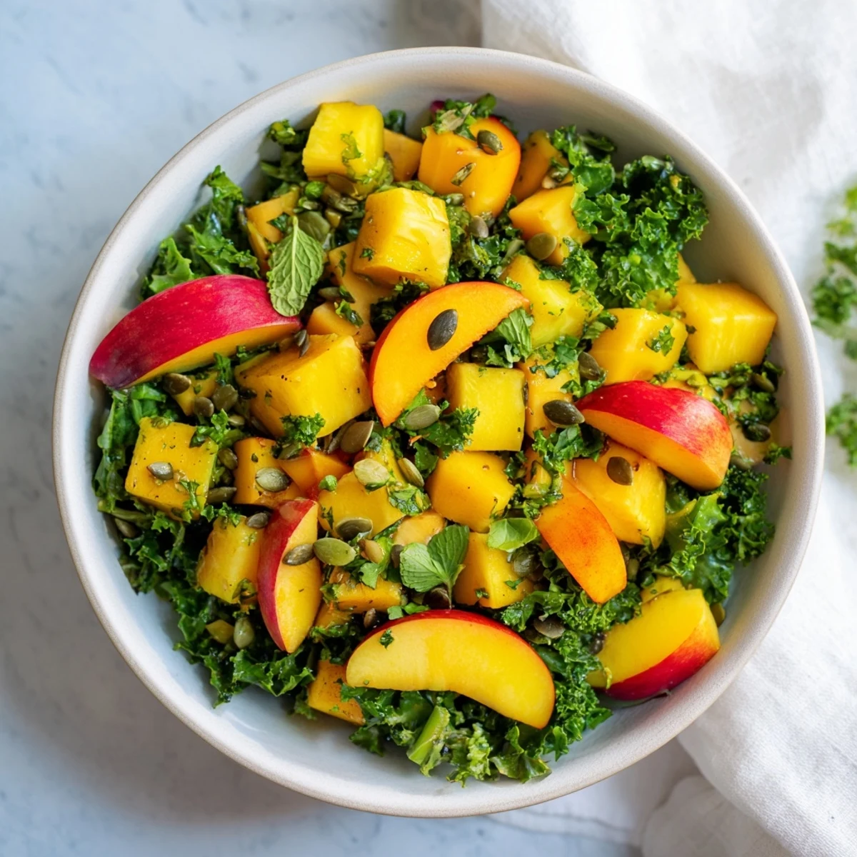 A vibrant, colorful Sunlit Glade salad, featuring yellow fruits and mixed green herbs.